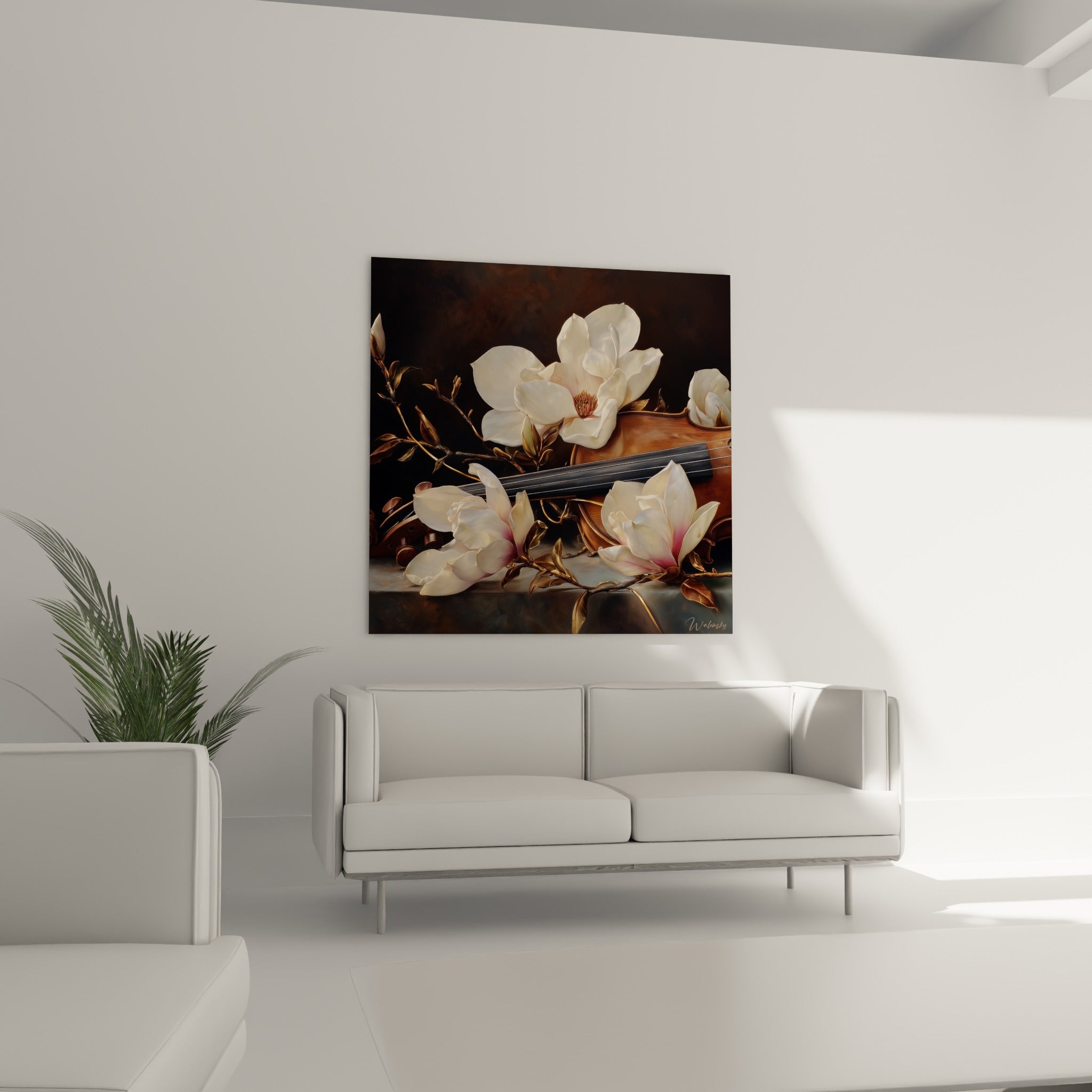 Fleurs blush et violon ambré positionnés au-dessus d'un canapé dans un salon lumineux et raffiné