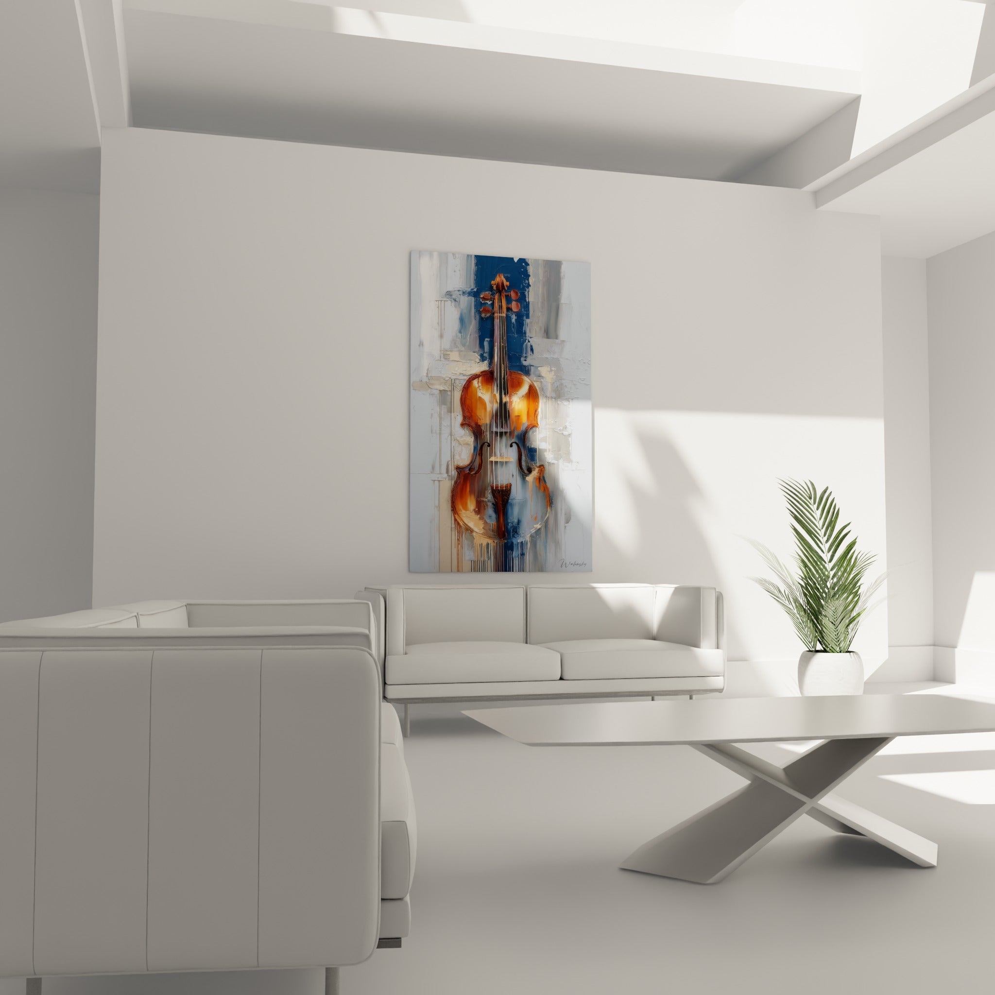 Instrument à cordes brun ambré sur toile anthracite, suspendu au-dessus d'un canapé dans un salon lumineux.