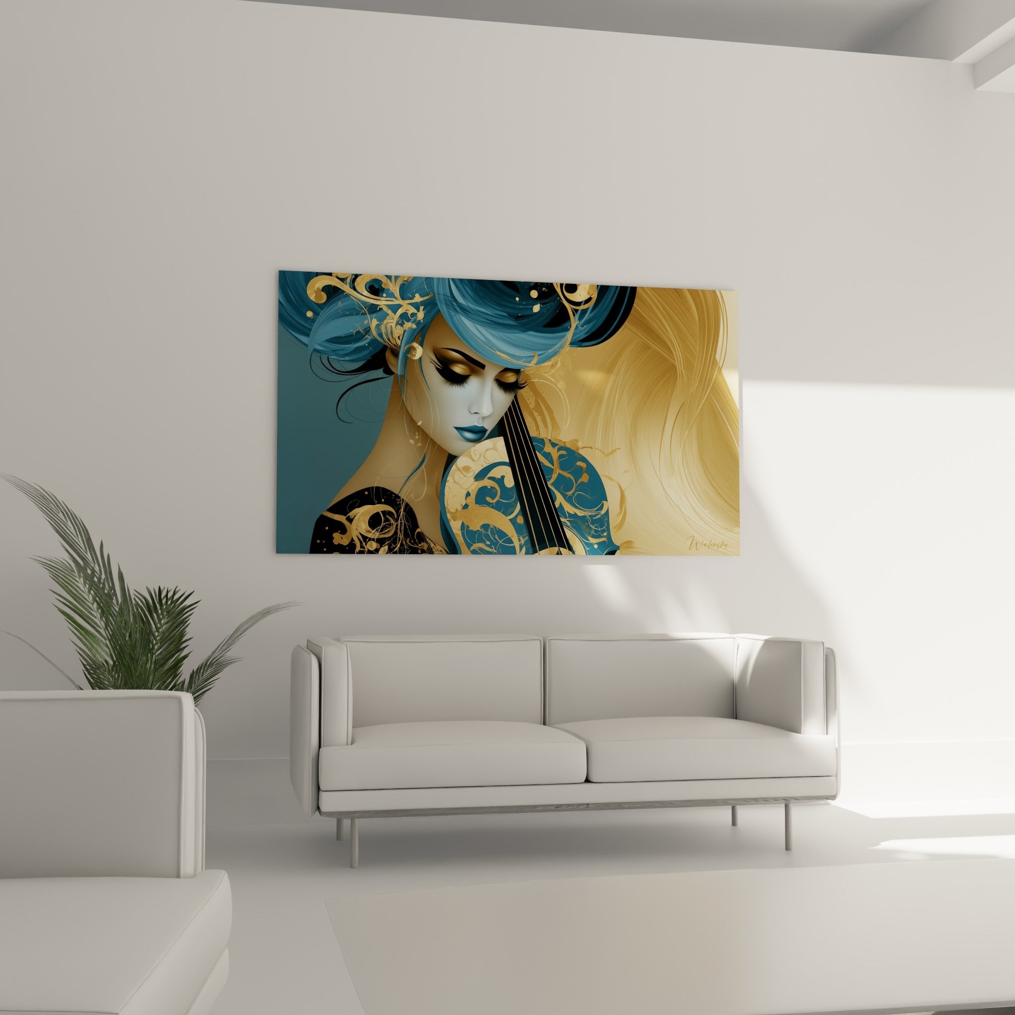 Portrait stylisé bleu pétrole et doré d'une violoniste, au-dessus d'un canapé dans un salon lumineux