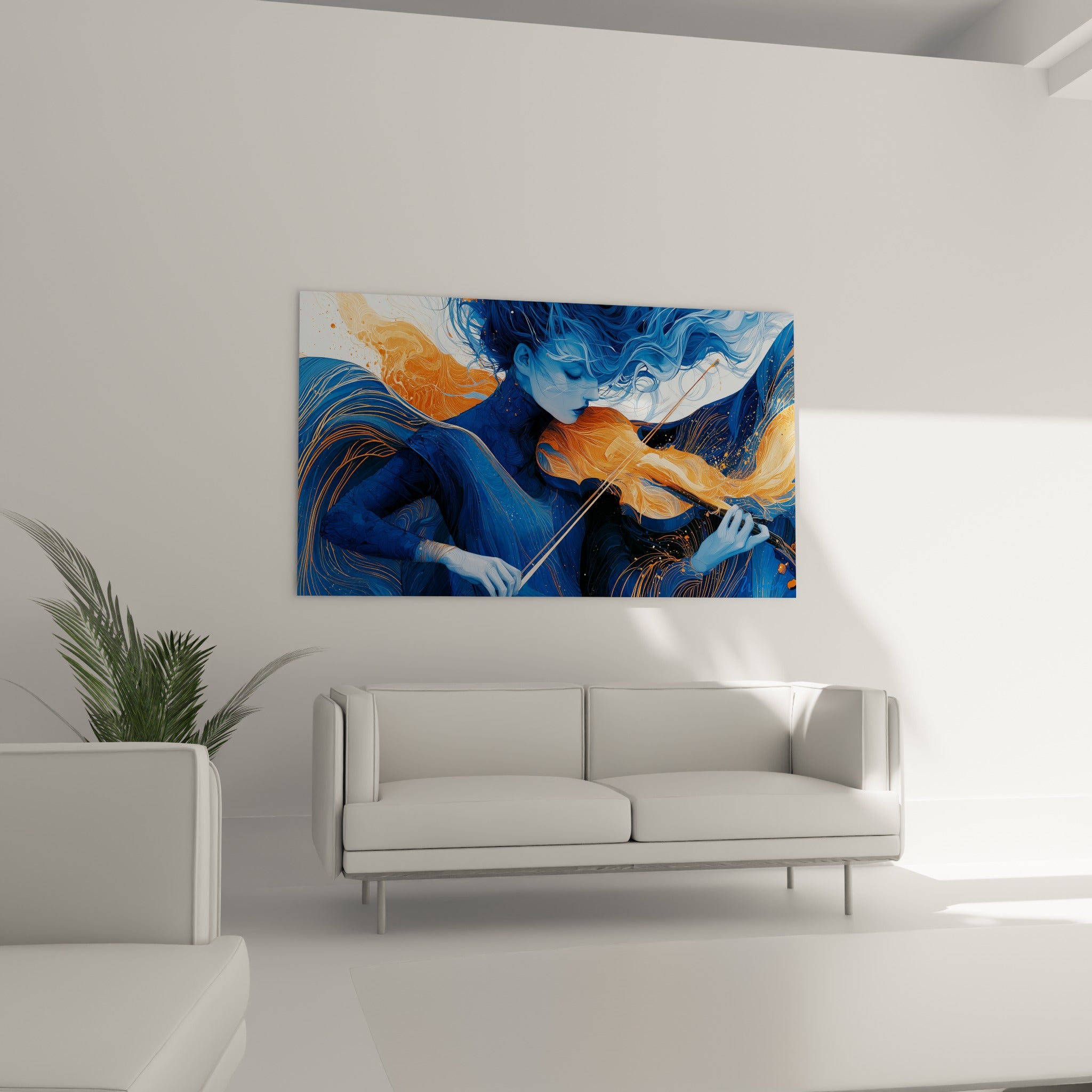 Silhouette bleu marine et orange d'une violoniste en plein mouvement, au-dessus d'un canapé dans un salon lumineux