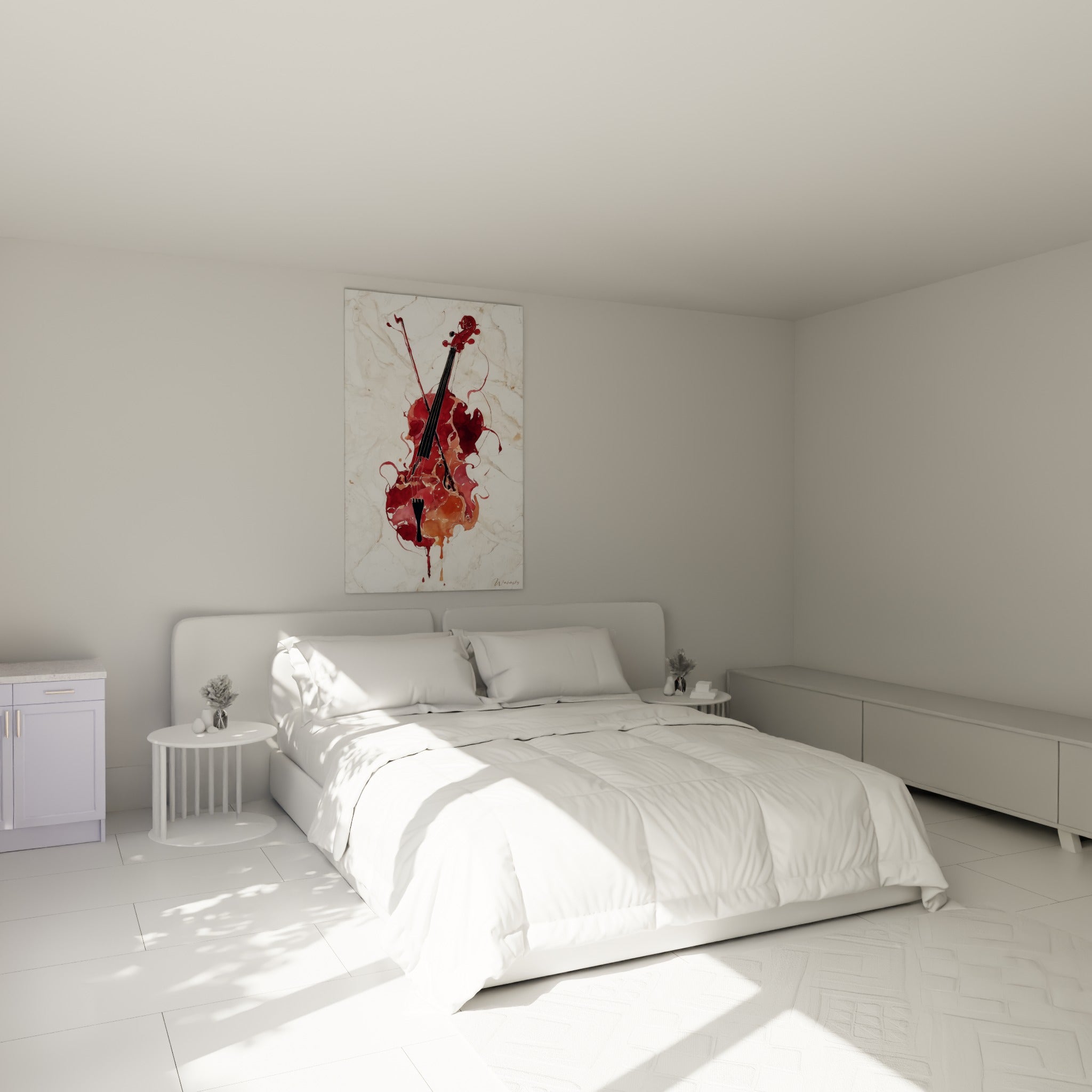 Violon bordeaux et cerise en volutes fluides, manche noir, au-dessus d'un lit dans une chambre claire