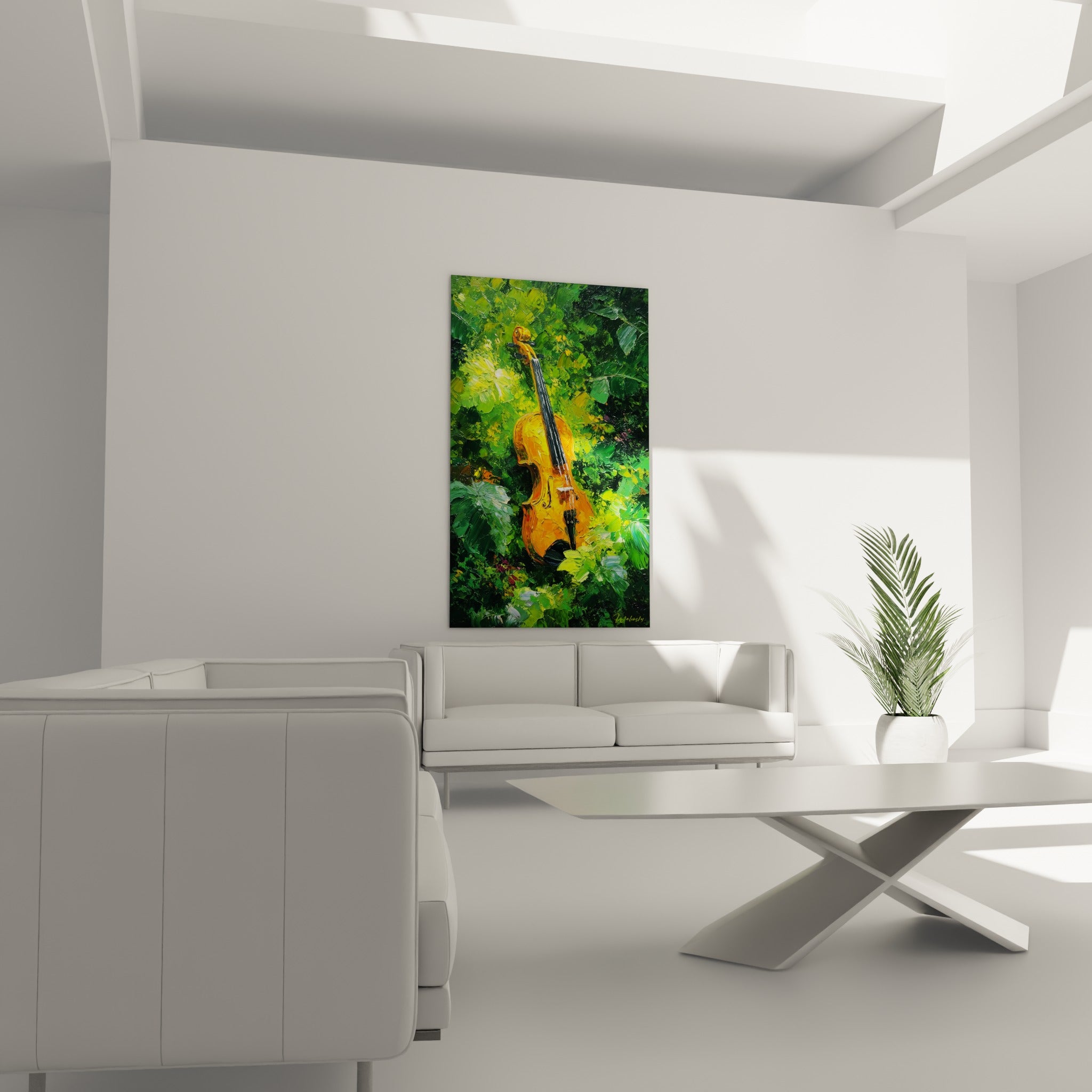 Instrument à cordes orangé et vert olive, positionné au-dessus d'un canapé dans un salon lumineux
