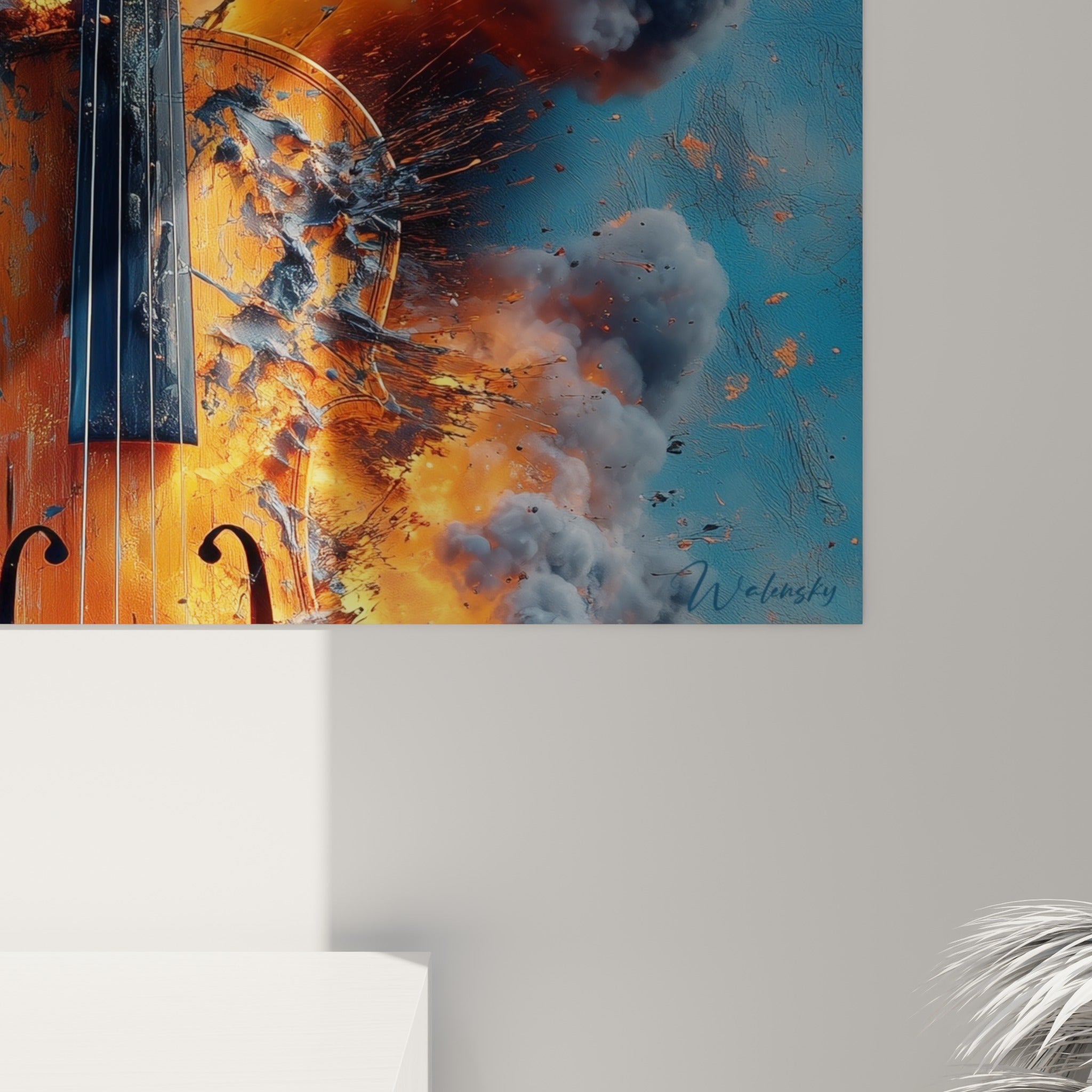 Grain de l'impression révélant les nuances orange vif et bleu ardoise de la déflagration autour du violon