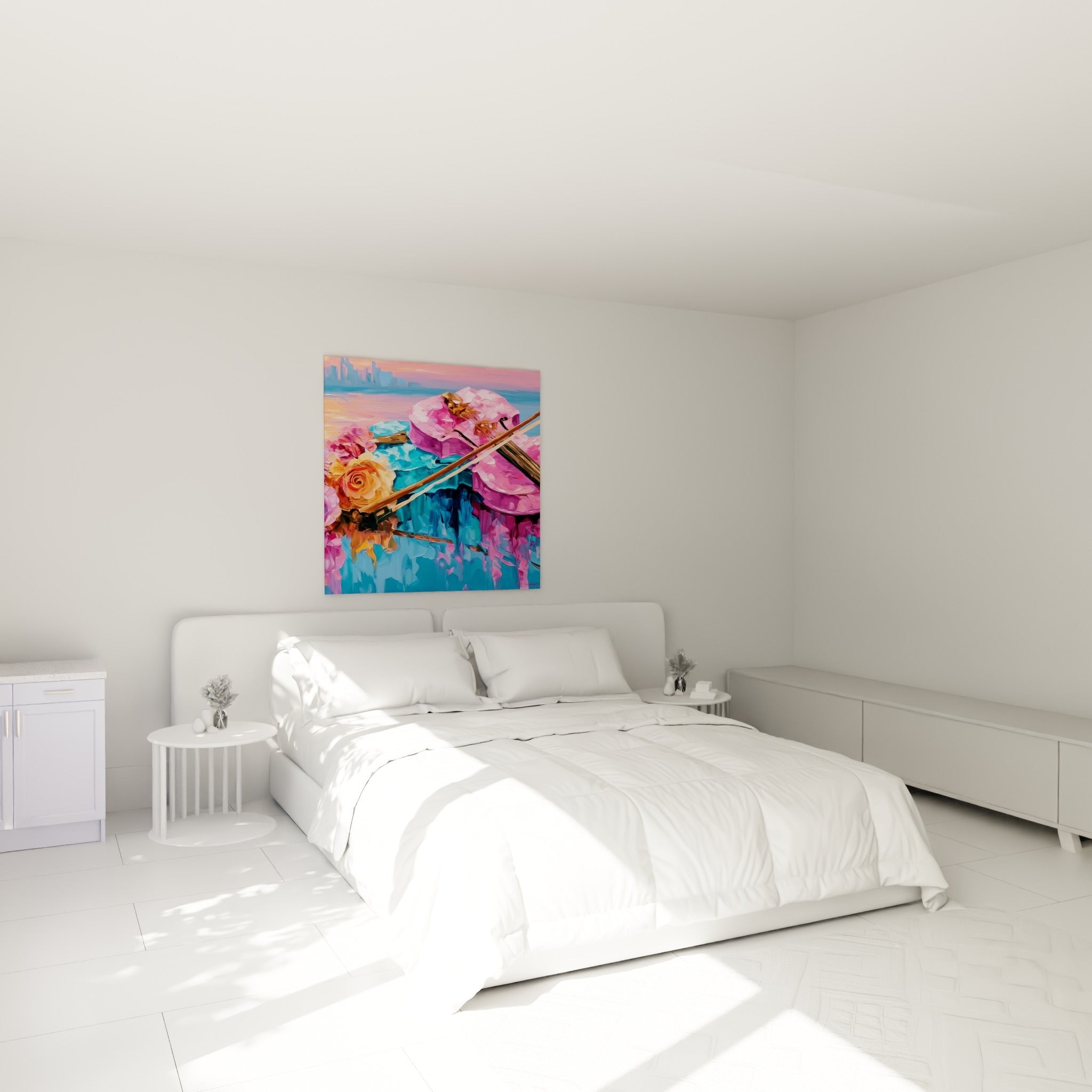 Violon rose fuchsia et roses orangées peints en touches épaisses, accroché au-dessus d'un lit dans une chambre claire