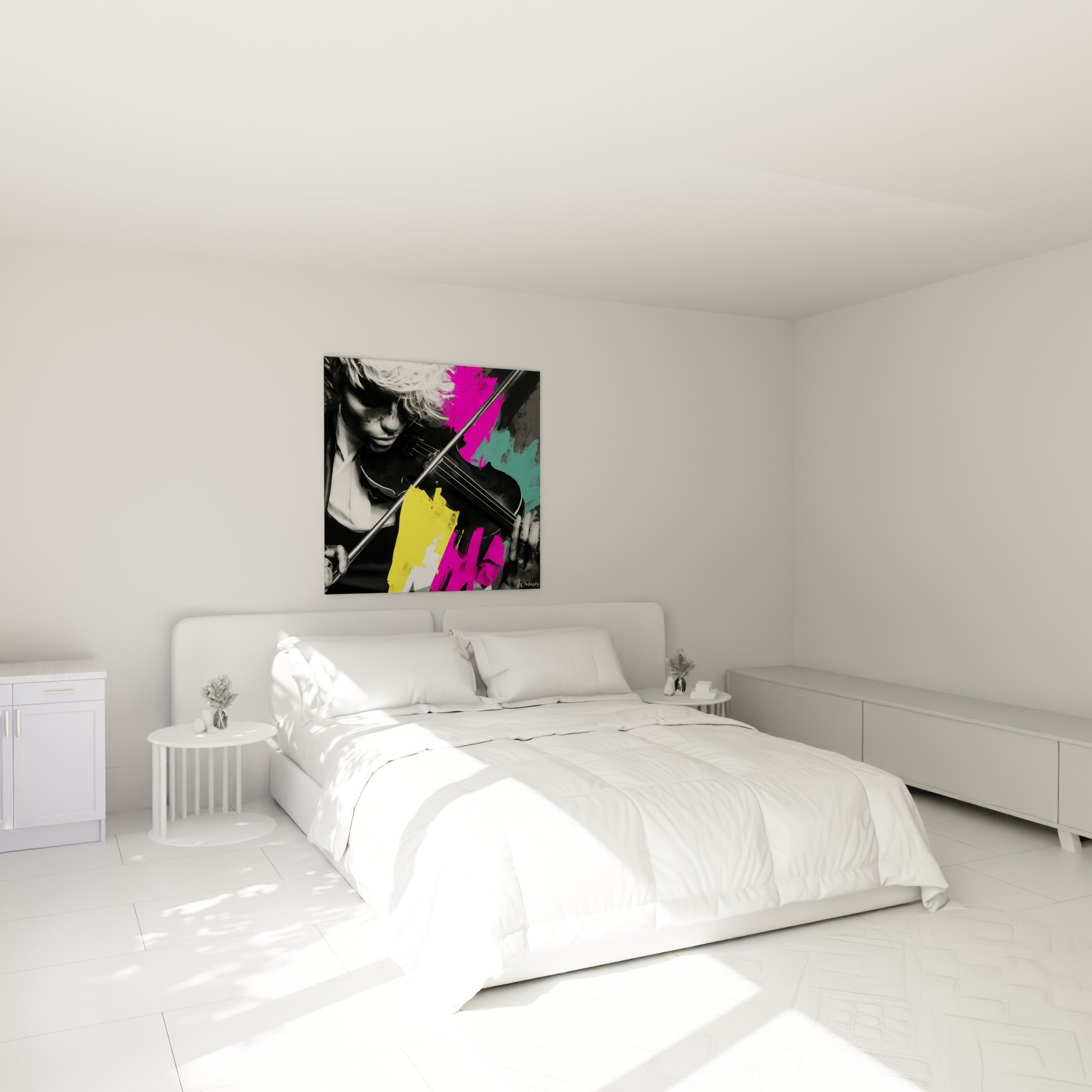 Musicien au violon, taches vert d'eau et jaune vif, accroché au-dessus d'un lit dans une chambre claire
