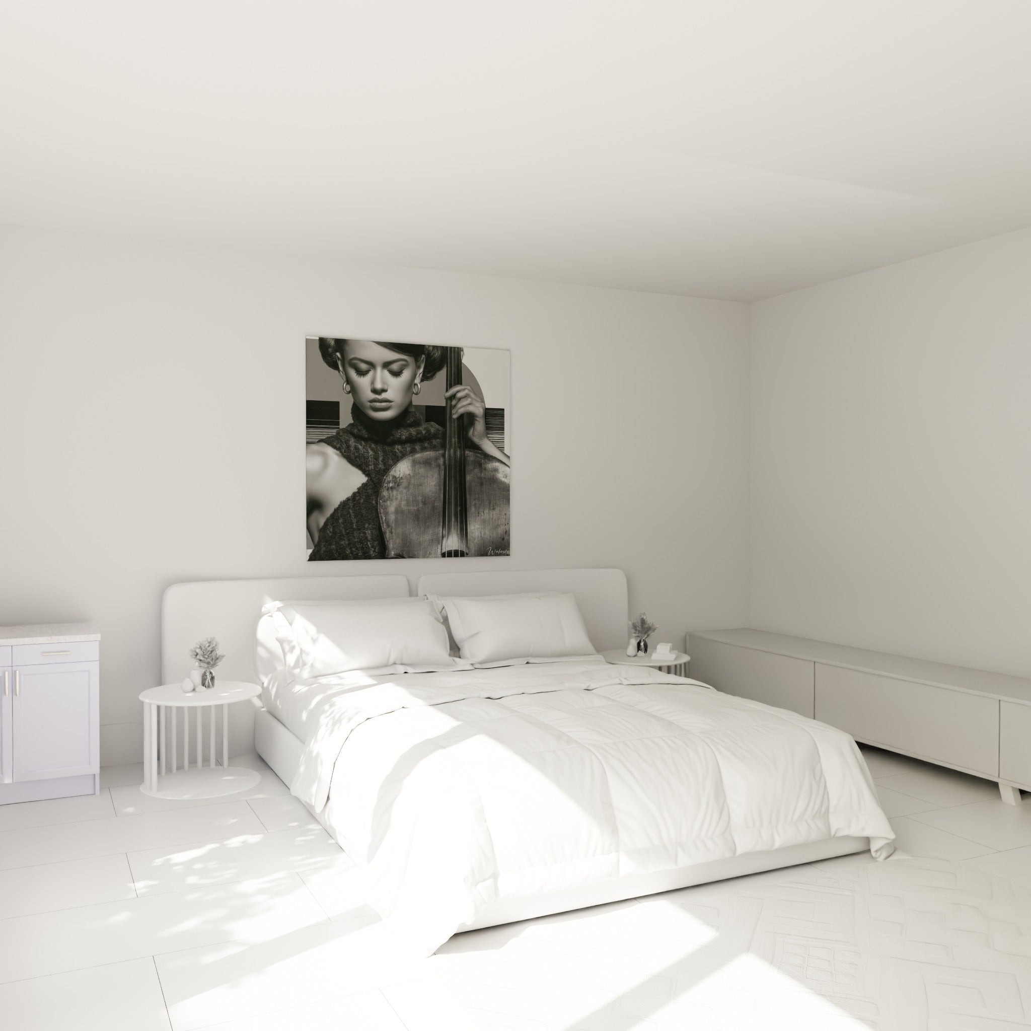 Musicienne au regard clos et violoncelle patiné en gris et blanc, au-dessus d'un lit dans une chambre claire