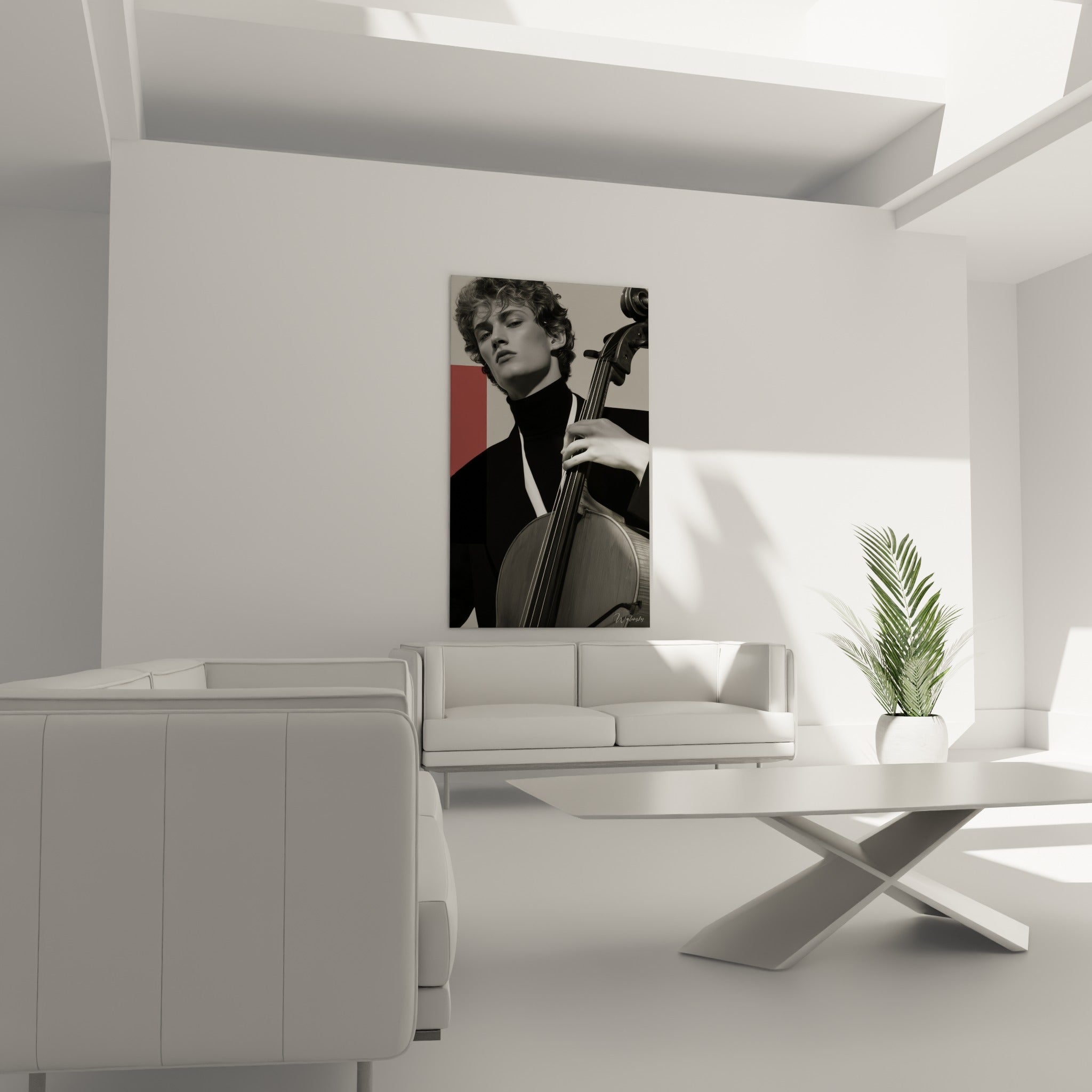 Portrait du violoncelliste, contraste noir et rouge corail, disposé au-dessus d'un canapé dans un salon lumineux