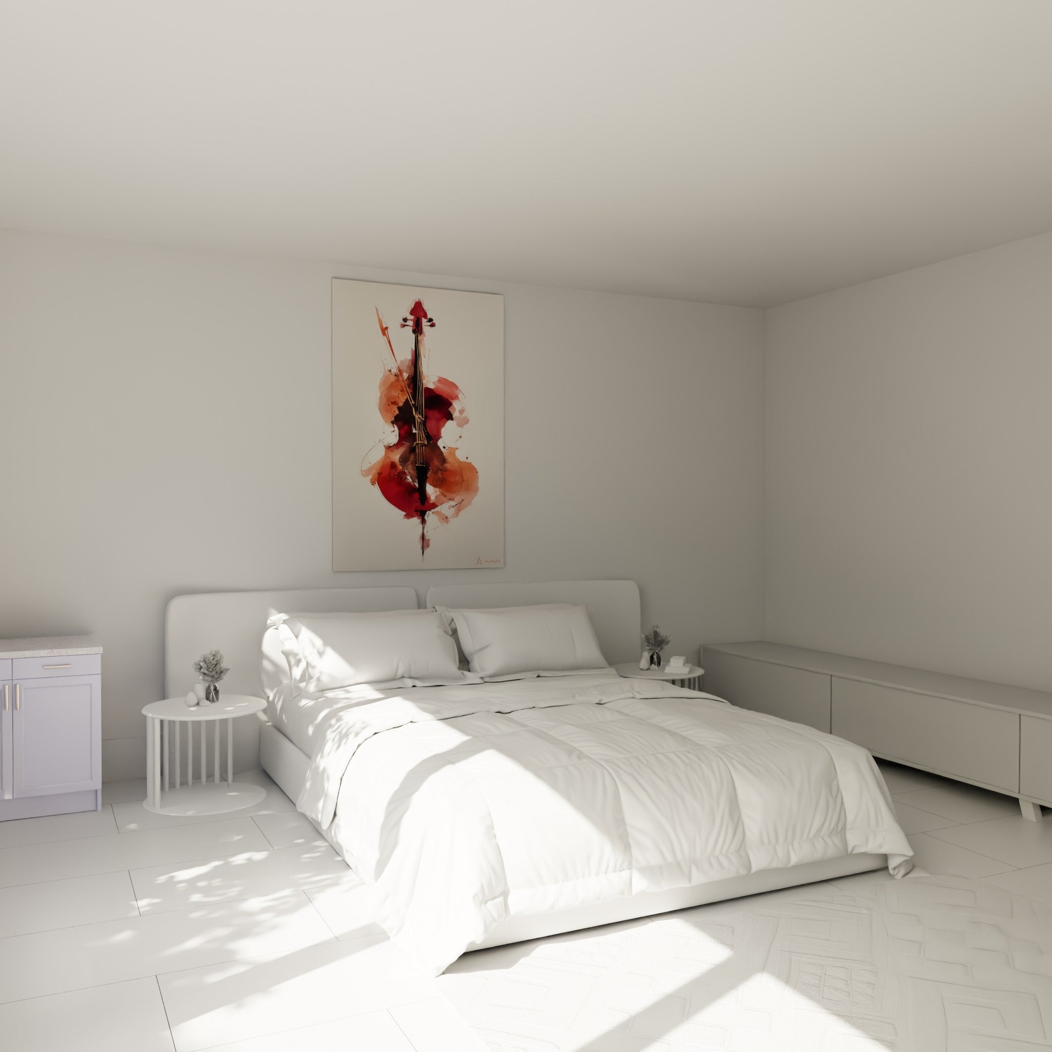 Instrument à cordes éclaboussé de bordeaux et terracotta, au-dessus d'un lit dans une chambre claire