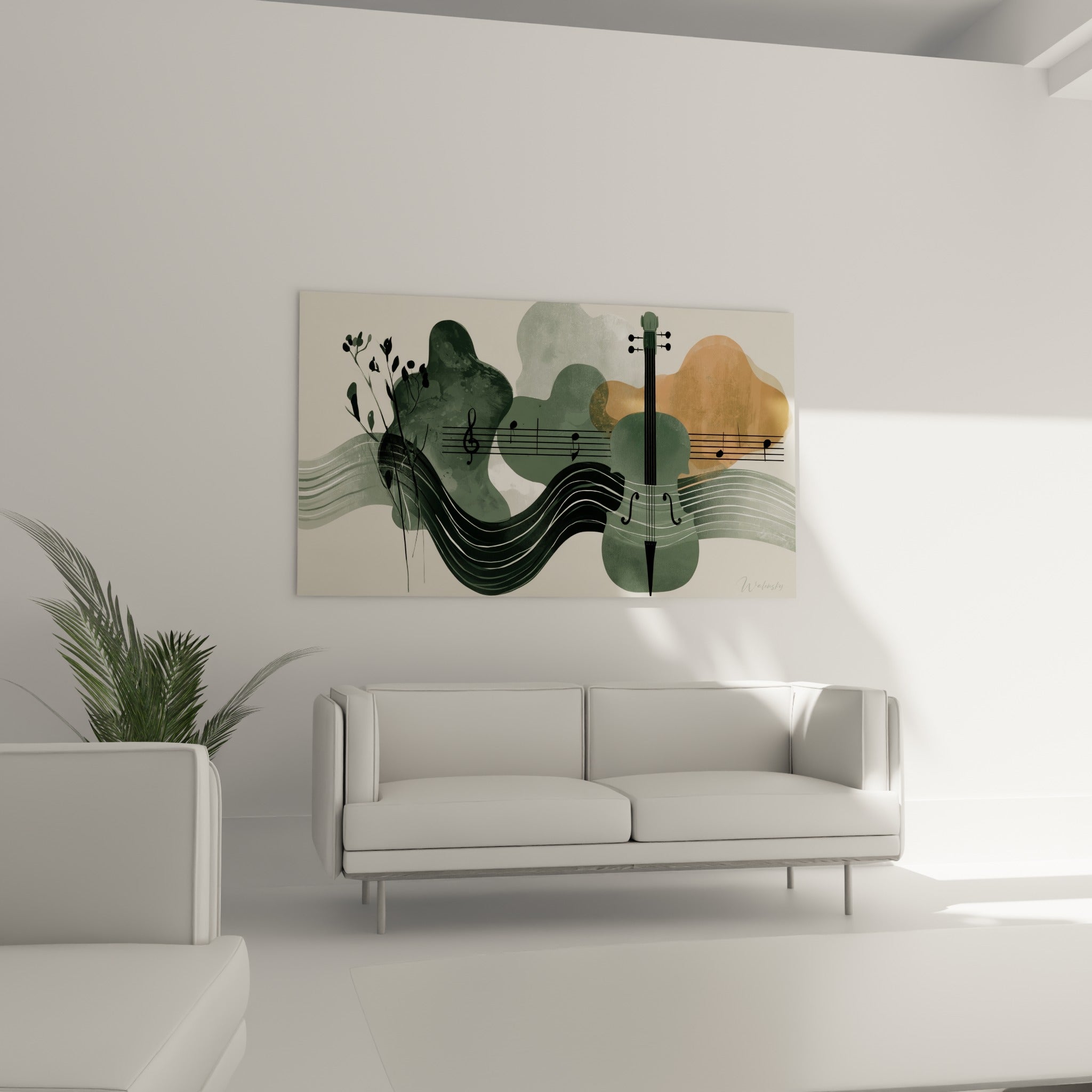 Silhouette de violoncelle anthracite et touches ocre accrochée au-dessus d'un canapé dans un salon lumineux