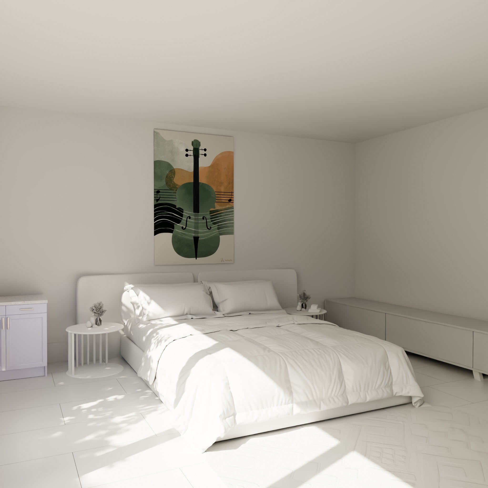 Violoncelle graphique vert sauge et terracotta accroché au-dessus d'un lit dans une chambre claire