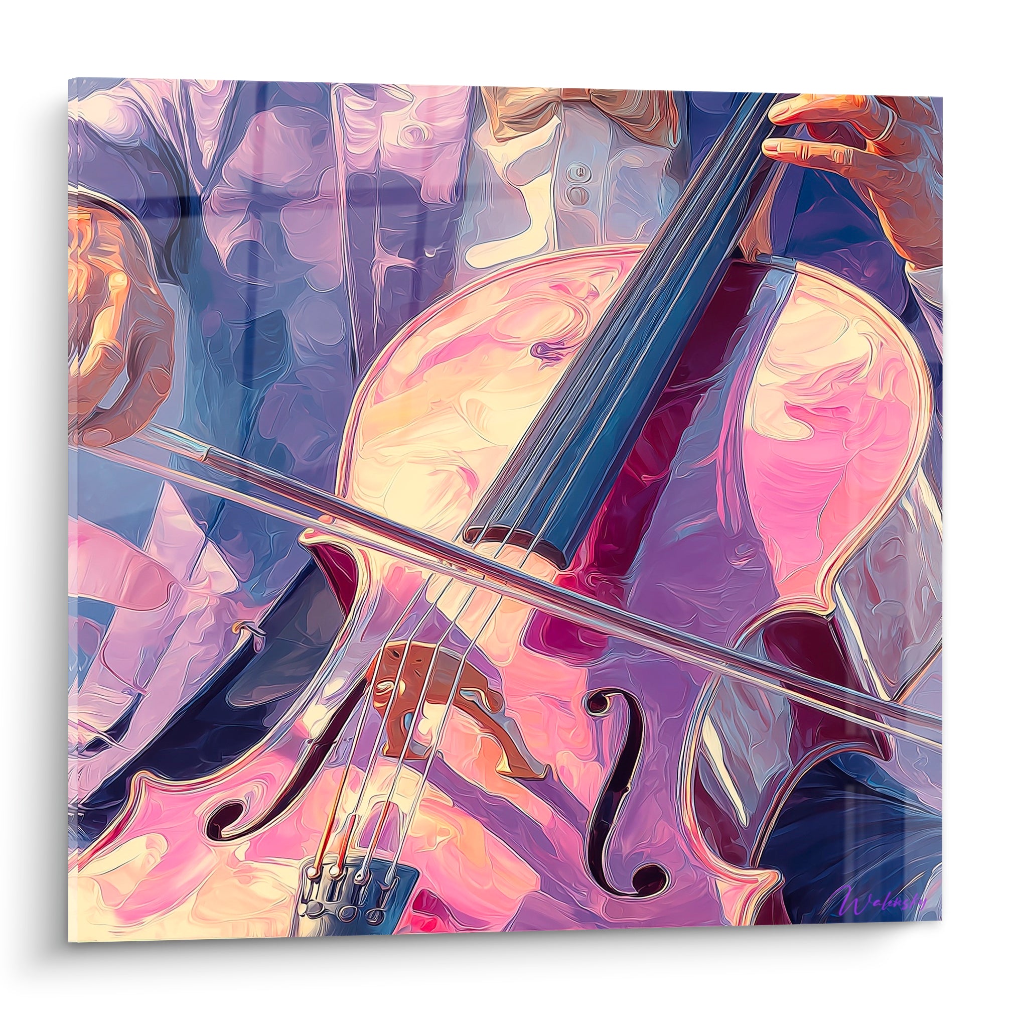 Violoncelle rose et violet peint en gros plan, archet en diagonale, reflets dorés sur le bois
