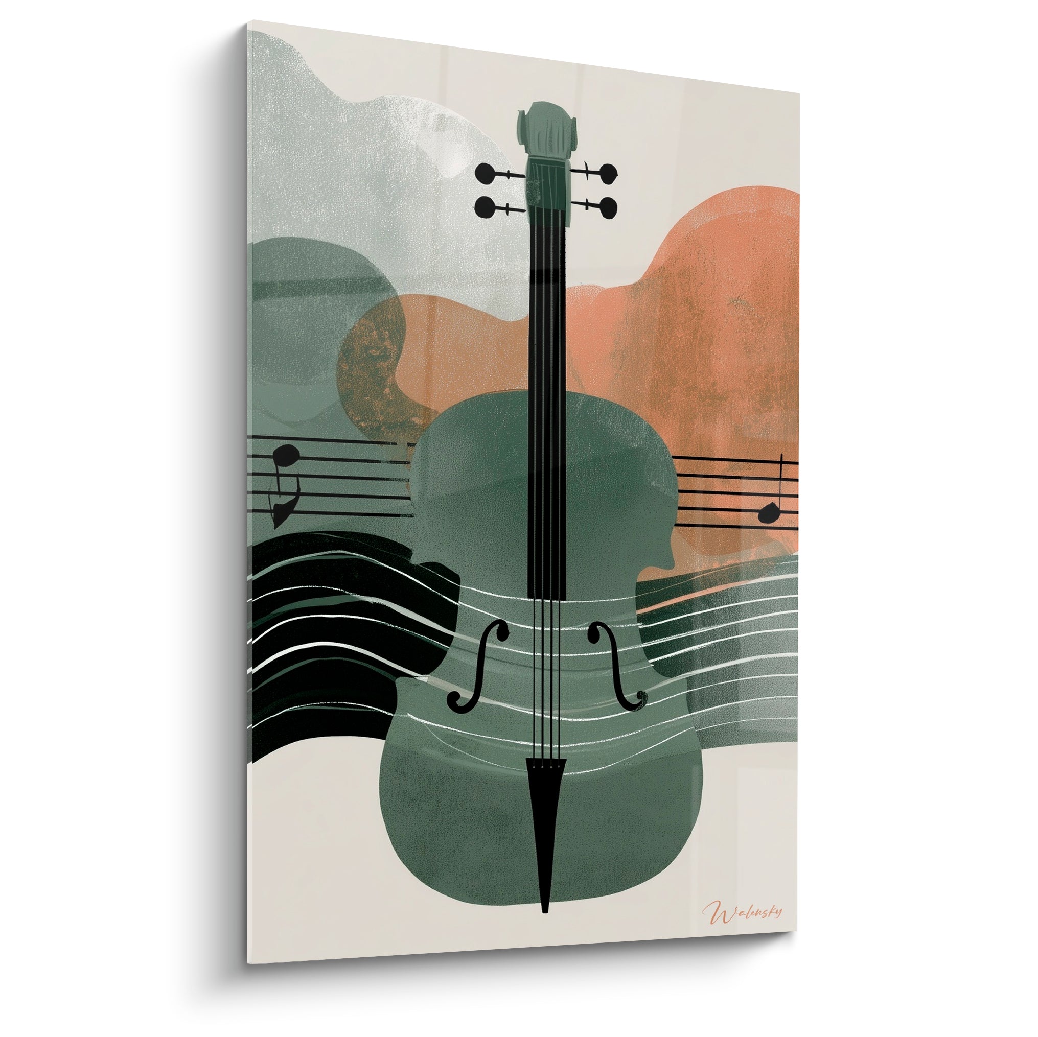 Violoncelle stylisé vert sauge et terracotta traversé d'une portée musicale sur fond ivoire épuré