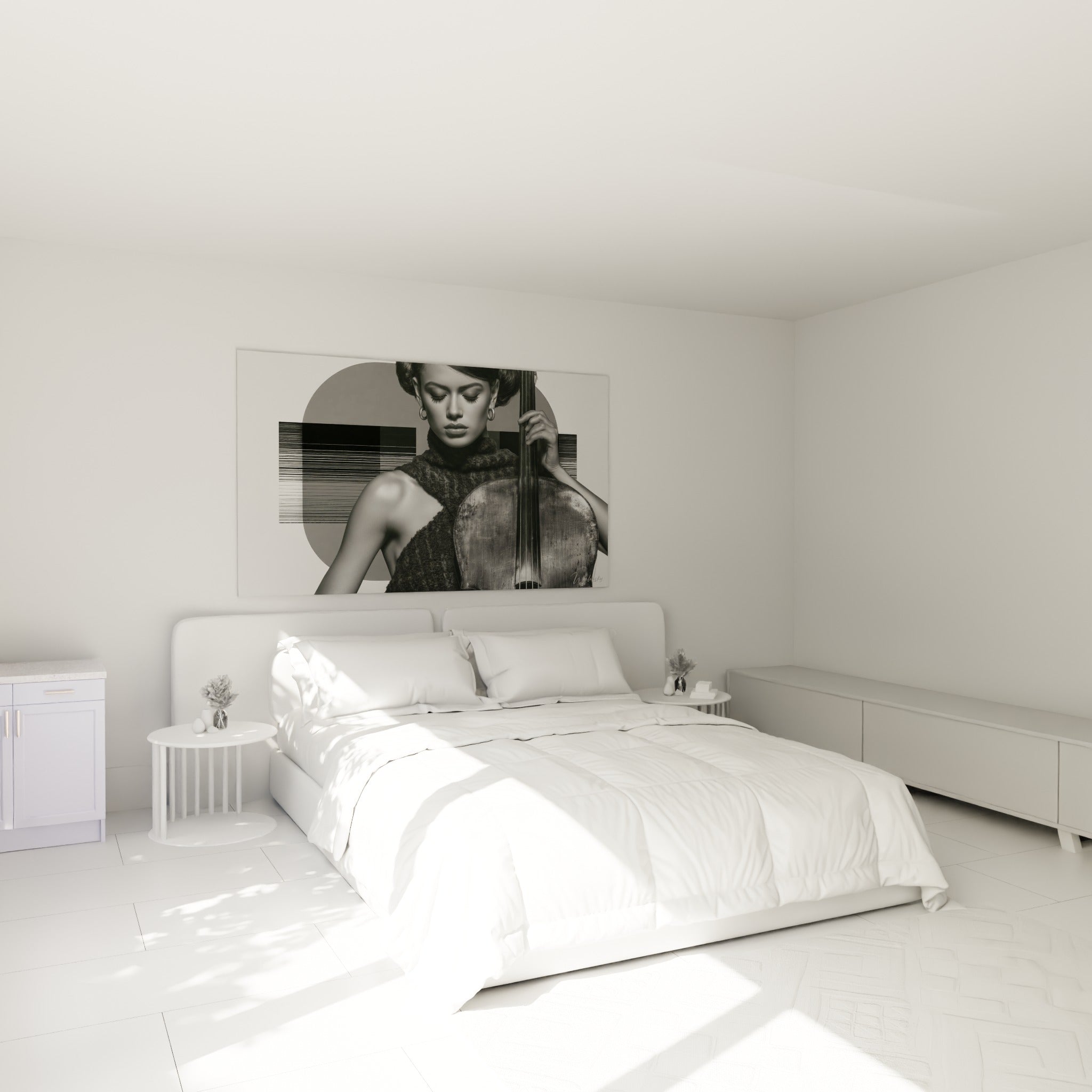 Musicienne tenant un violoncelle, tons gris perle et noirs, accrochée au-dessus d'un lit dans une chambre claire.