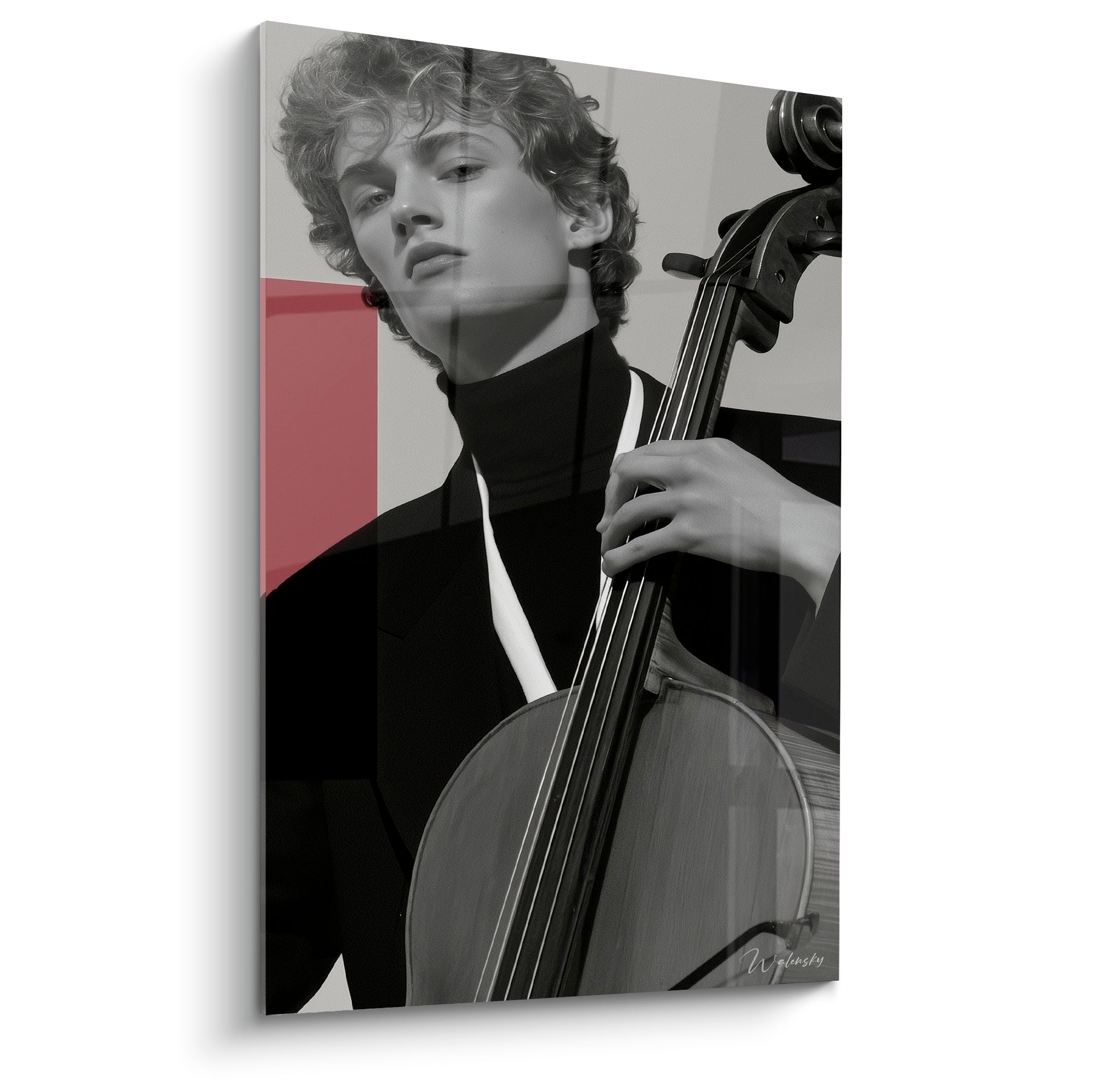 Violoncelliste au regard intense, noir profond et bloc rouge corail, portrait en noir et blanc saisissant