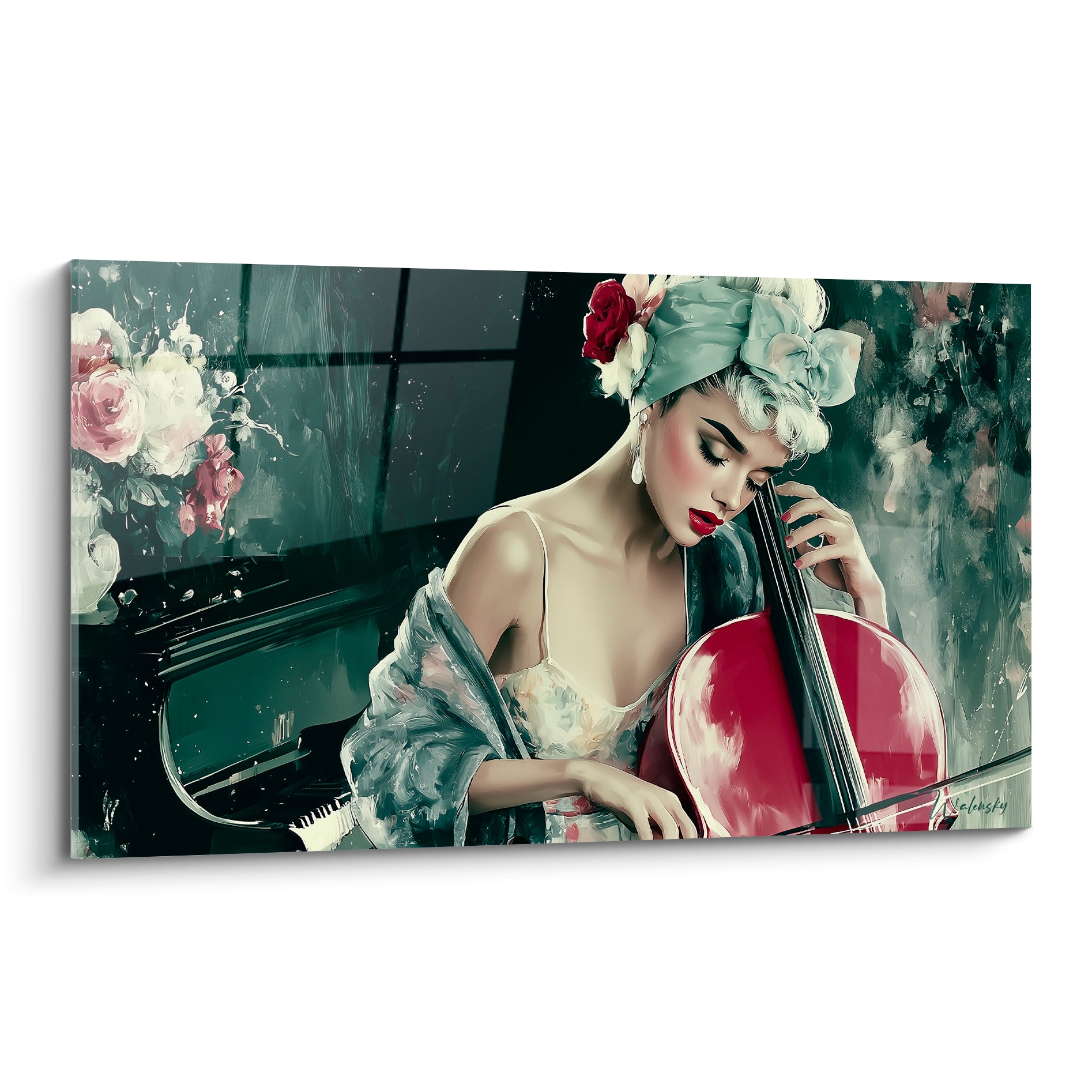 Violoncelliste en robe blanche jouant du violoncelle rouge devant un piano anthracite orné de roses