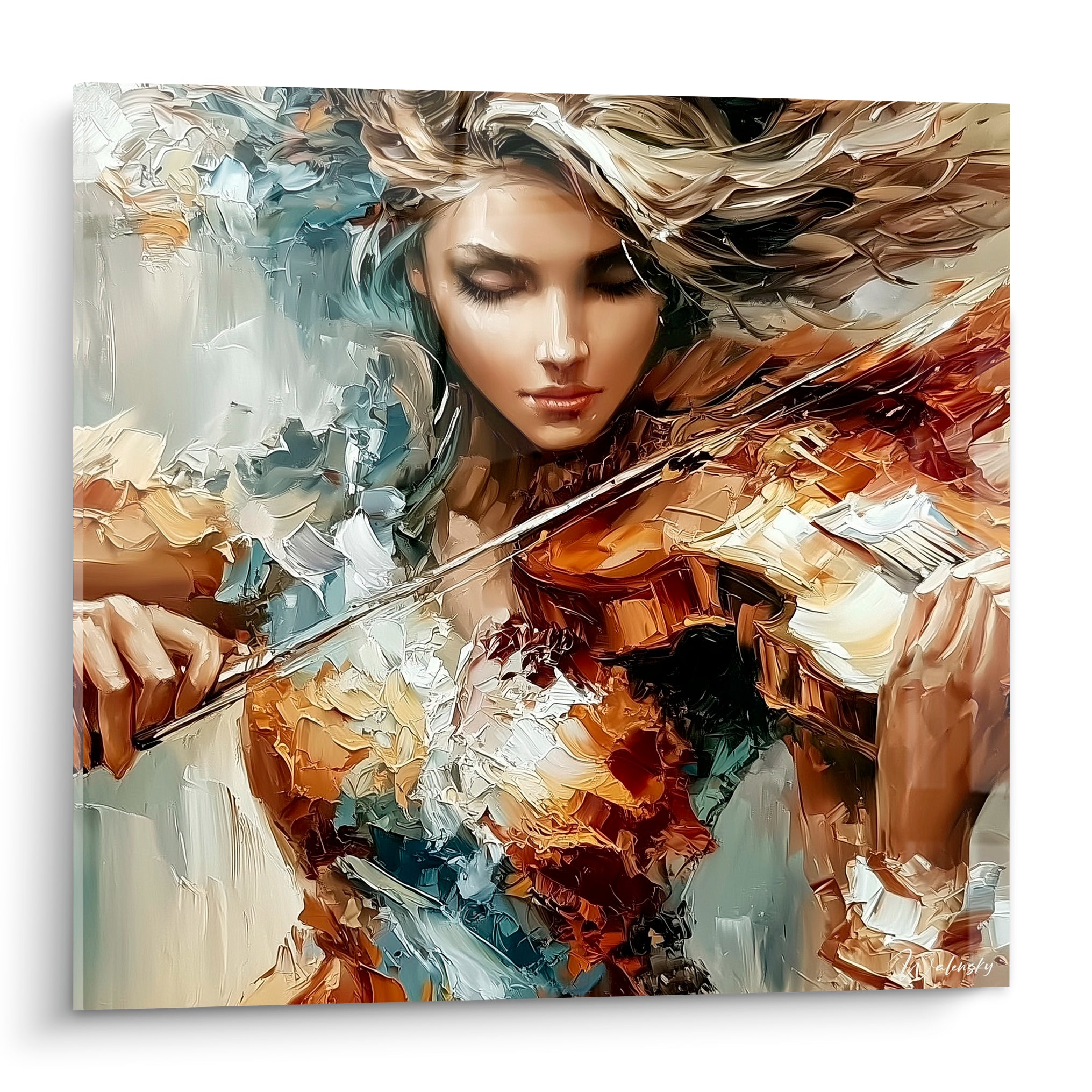 Violoniste aux cheveux argentés jouant, empâtements ambrés et bleu ardoise sur toile expressive