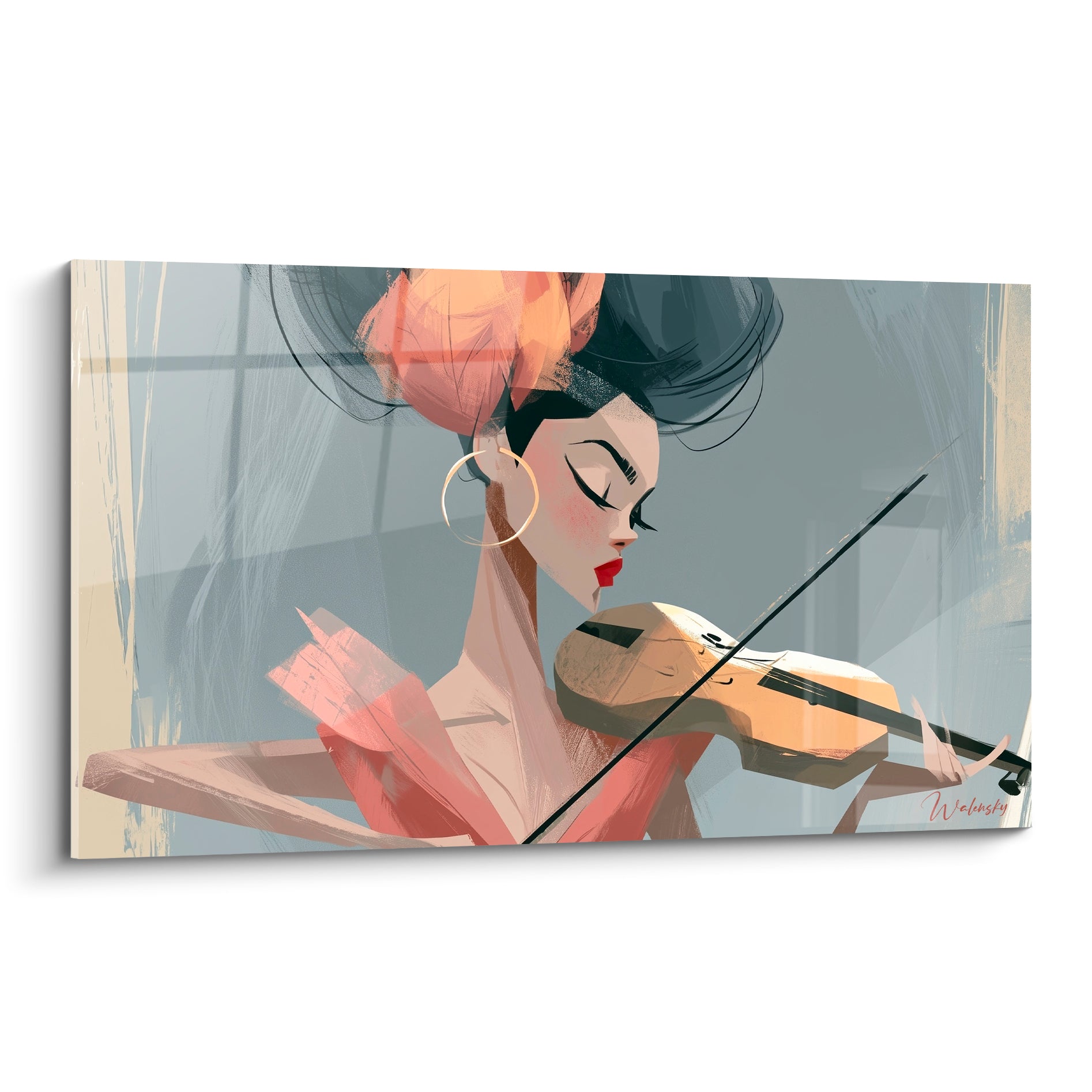 Violoniste au chignon noir et rose saumon, yeux clos, jouant devant un fond anthracite tramé