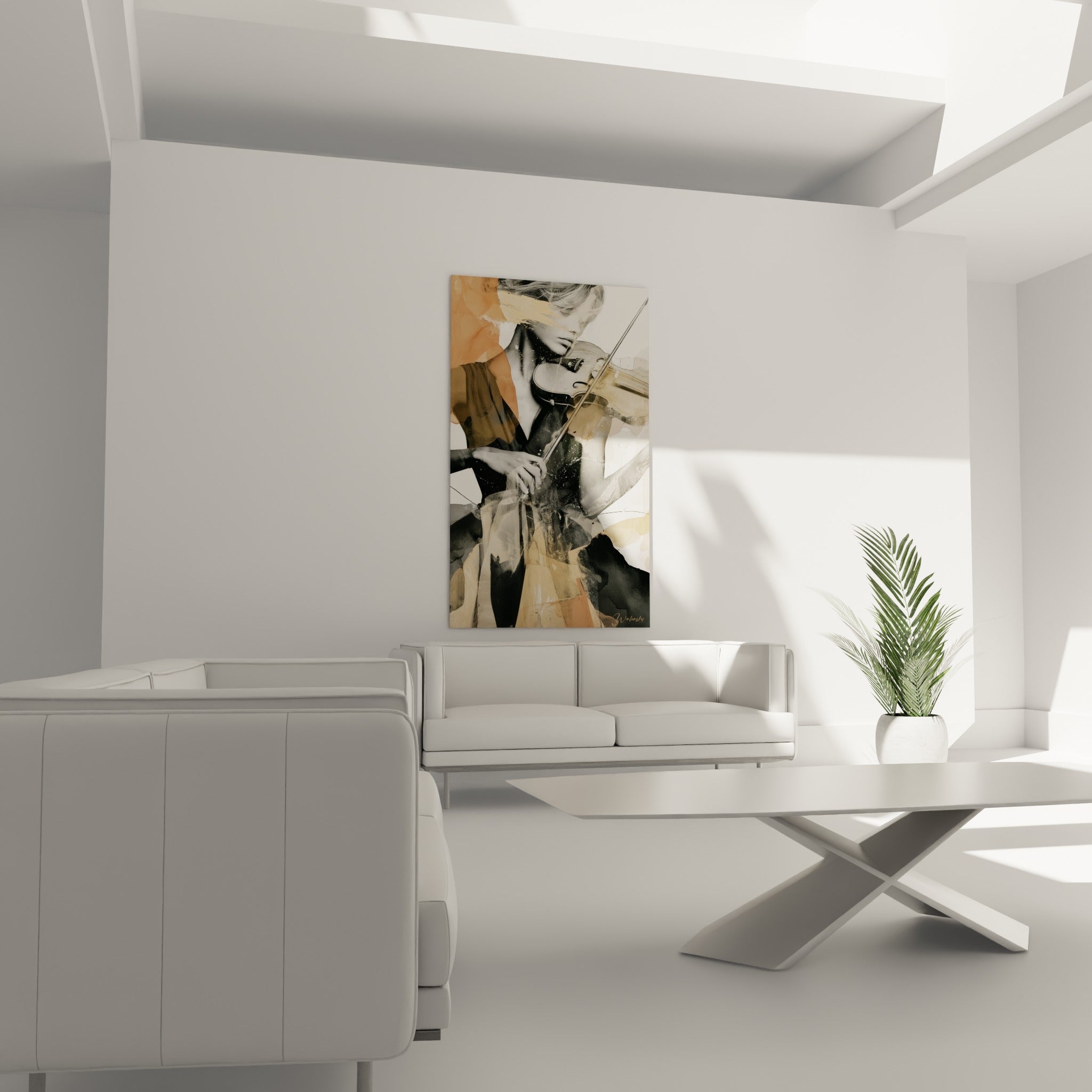 Violoniste fragmentée en noir et ocre jouant de son instrument, au-dessus d'un canapé dans un salon lumineux