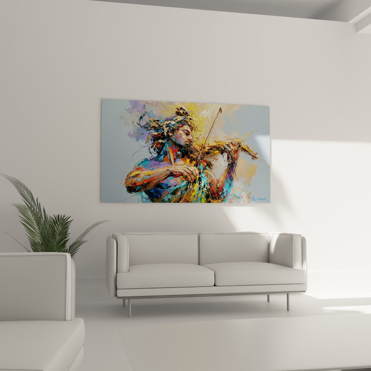 Violoniste en pleine expression, mélange de bleu pastel et de jaune vif, au-dessus d'un canapé dans un salon lumineux