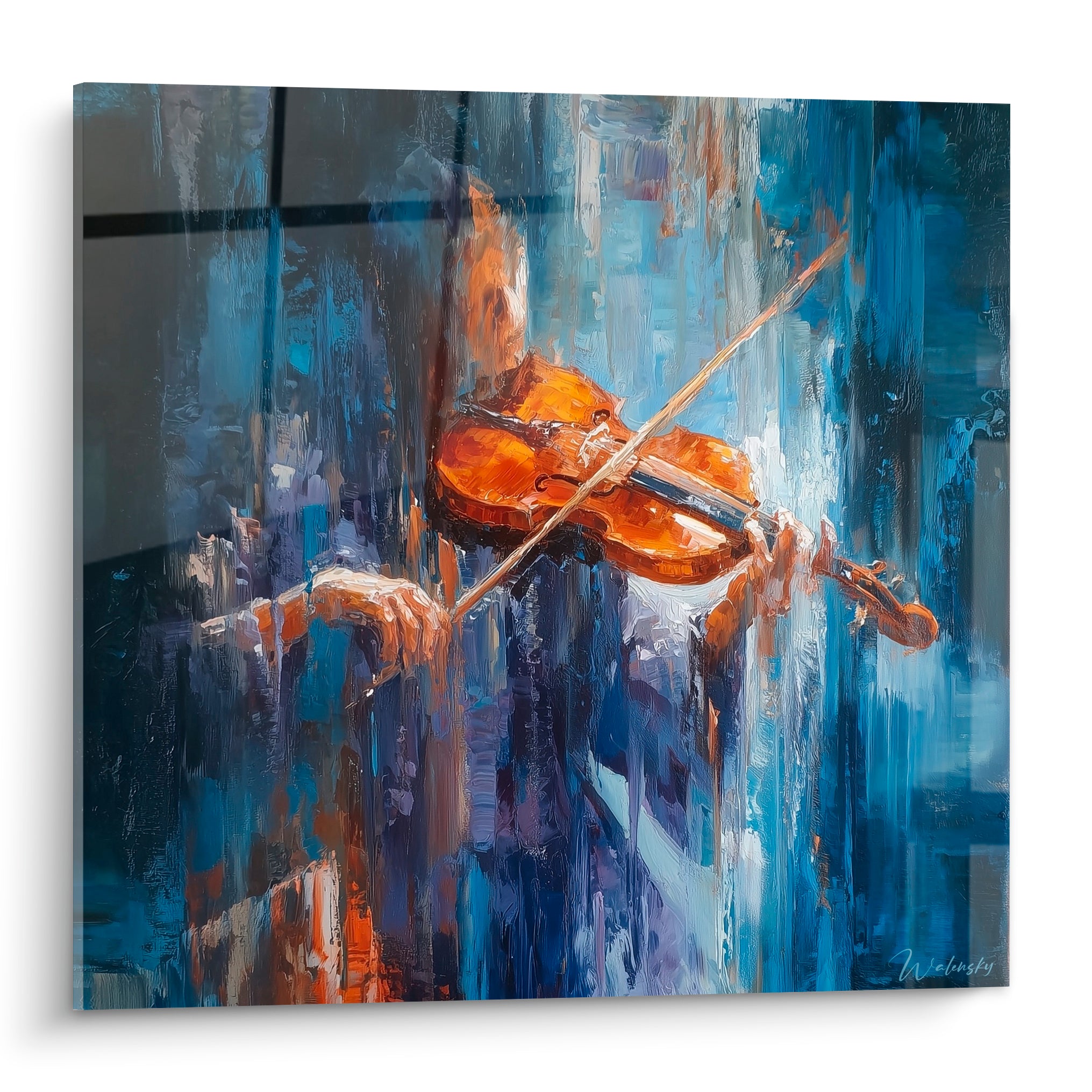 Violoniste peint en bleu marine et ambre, archet tendu, matière épaisse au couteau sur fond violet