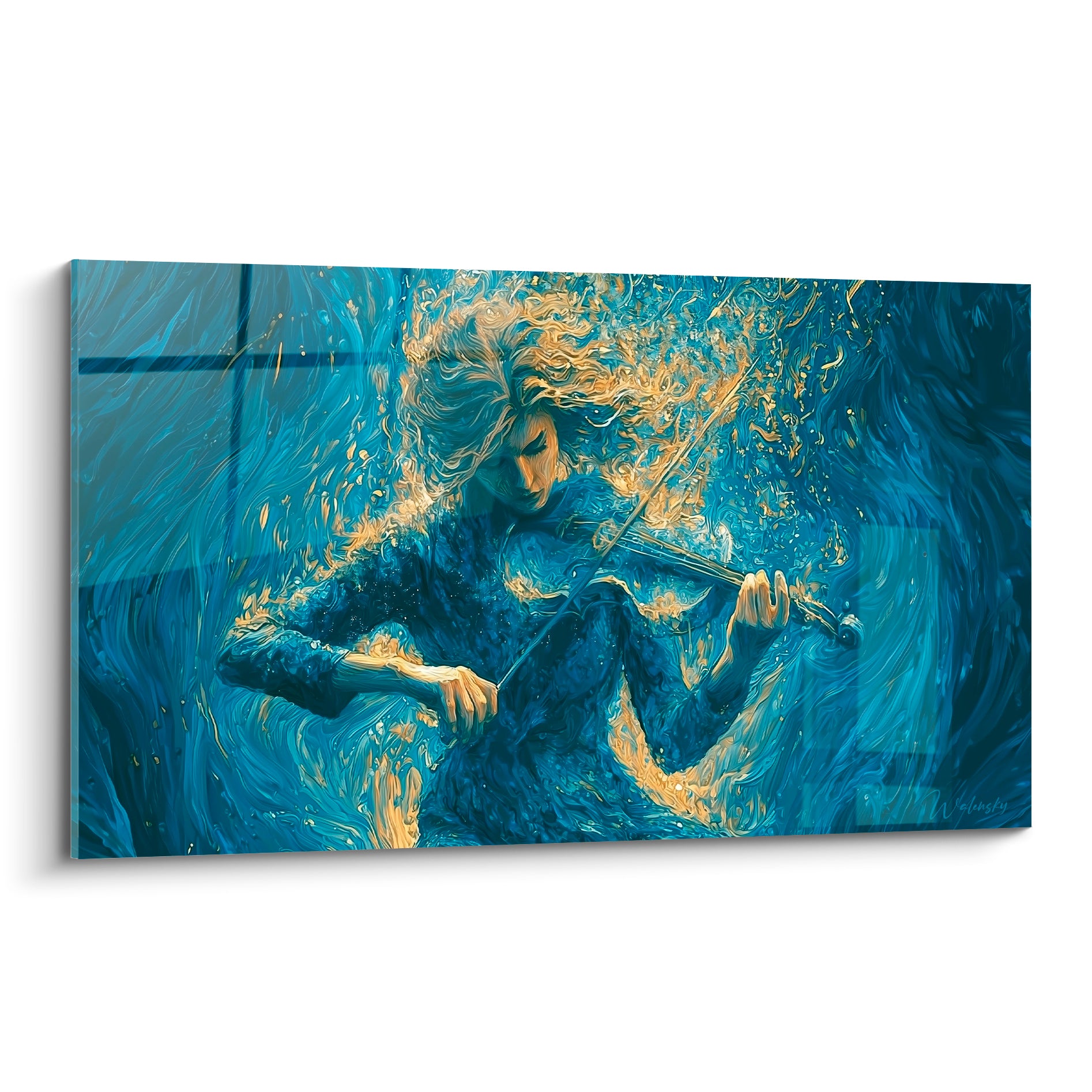 Violoniste enveloppé de tourbillons bleu marine et dorés, geste vibrant capté en pleine matière picturale