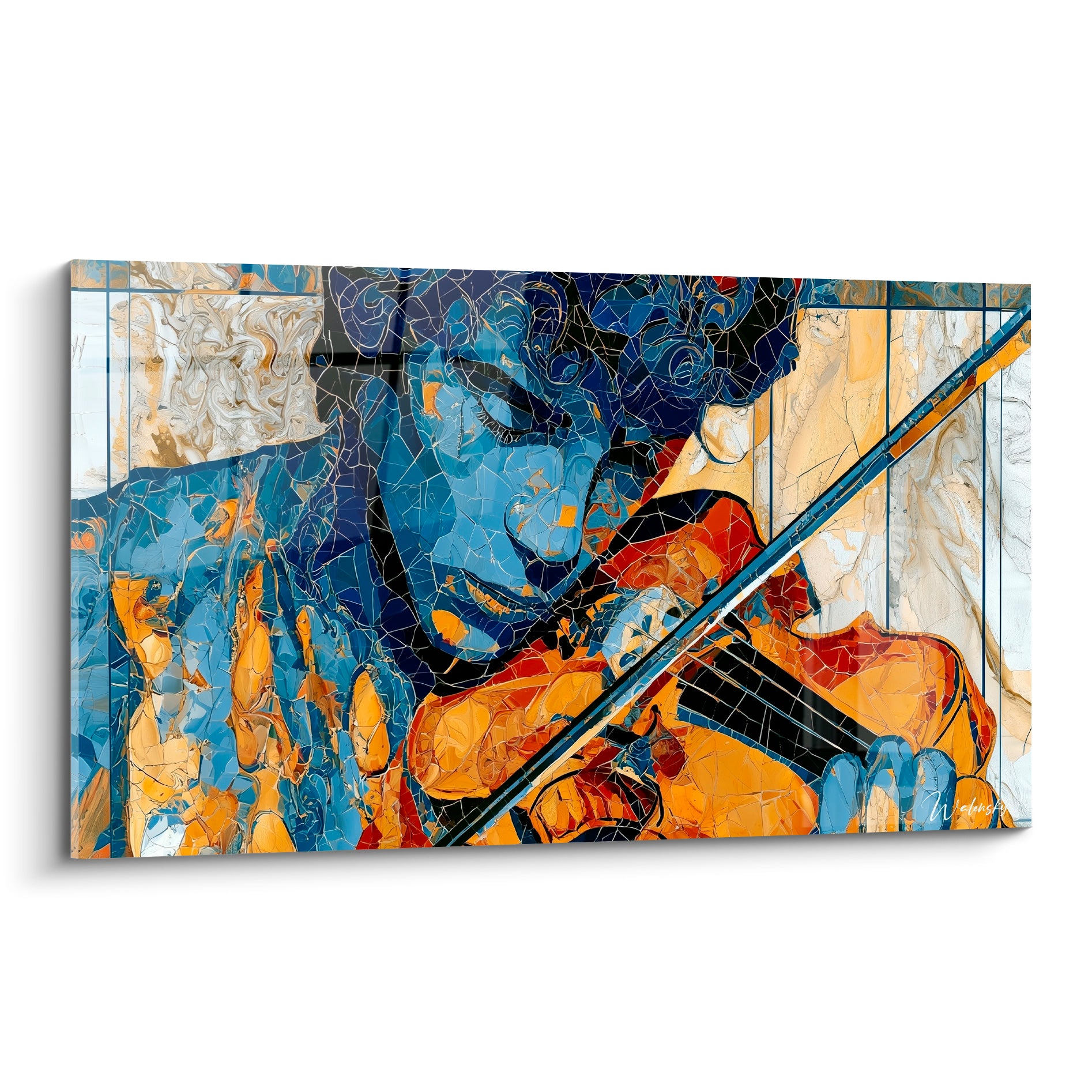 Violoniste aux tons bleu marine et ocre doré, visage incliné, style mosaïque fragmentée sur toute la surface