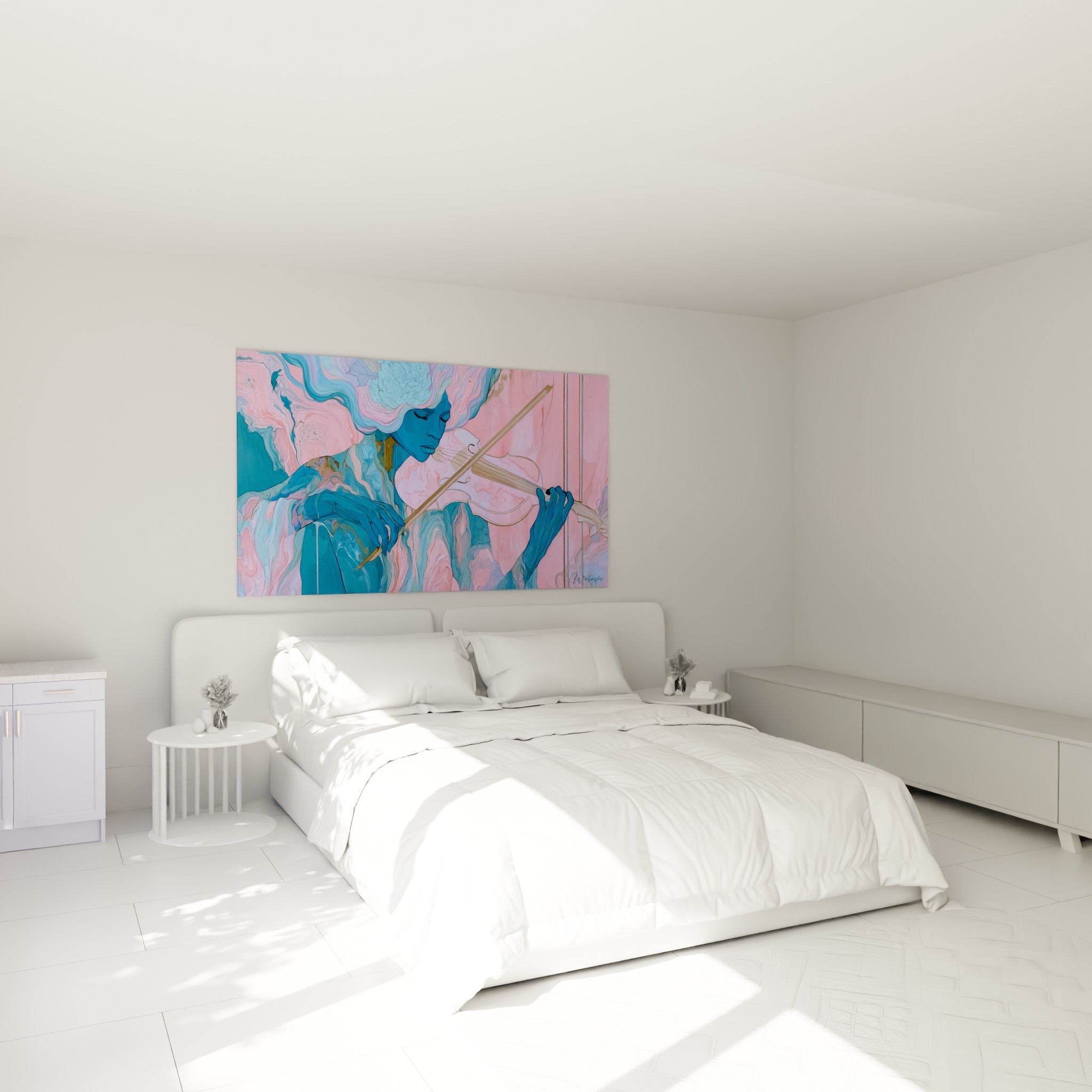 Musicienne bleu profond jouant du violon, tons rose et turquoise, au-dessus d'un lit dans une chambre claire