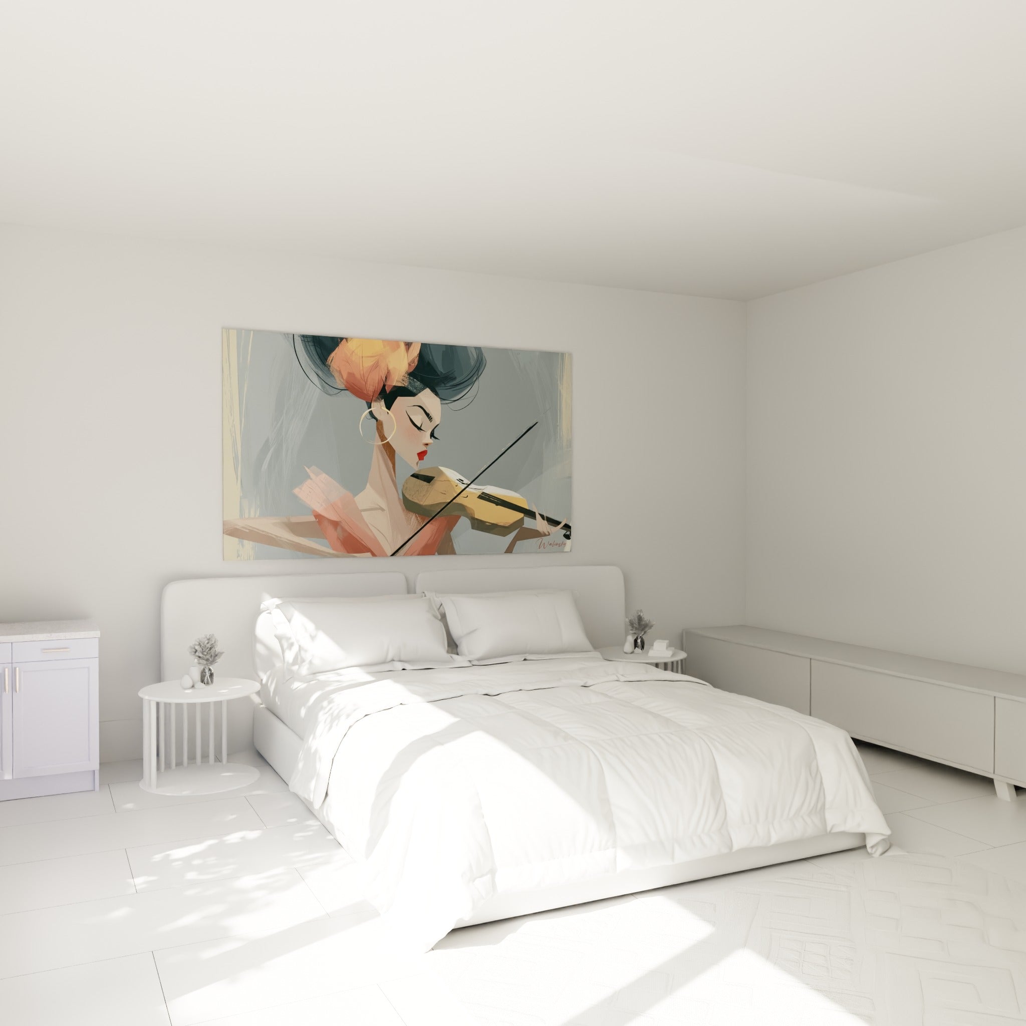 Musicienne en robe rose poudré tenant son violon doré, accrochée au-dessus d'un lit dans une chambre claire