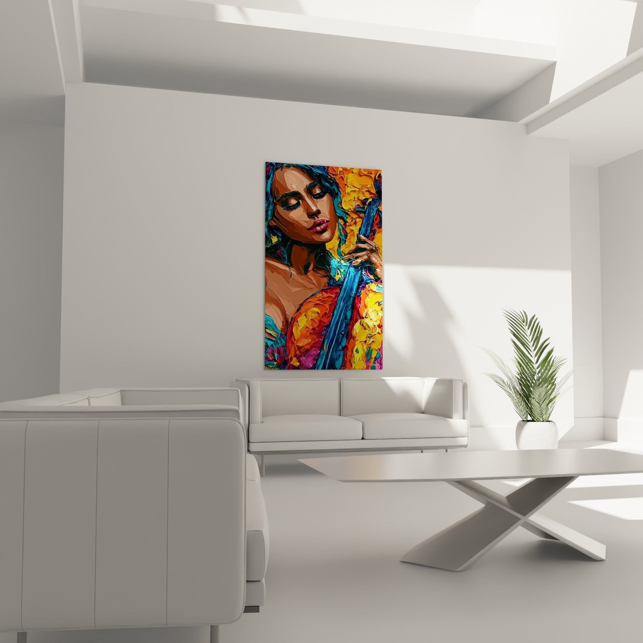 Portrait coloré d'une violoncelliste orange et turquoise, tableau Musique placé au-dessus d'un canapé dans un salon lumineux