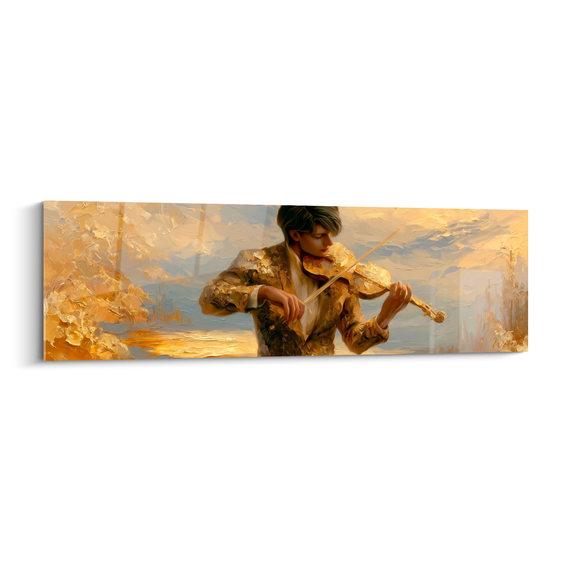 Violoniste saisi en plein jeu, veste dorée texturée et fond bleu pastel, tableau musique expressif au couteau