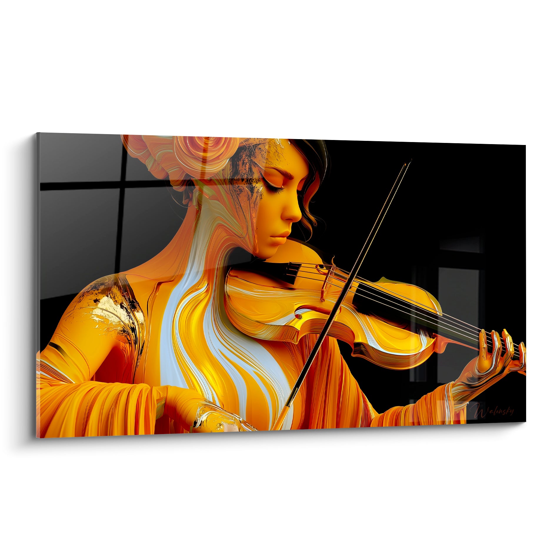 Violoniste dorée et blanche jouant sur fond anthracite, texture fluide façon peinture liquide