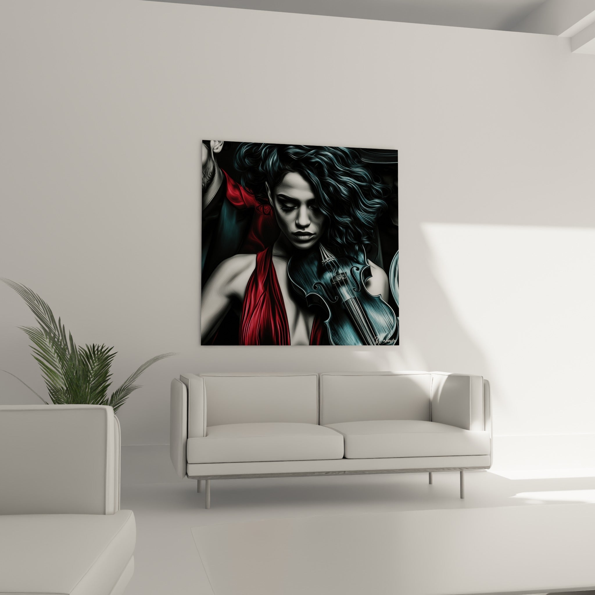Portrait d'une violoniste concentrée, tons anthracite et rouge profond, au-dessus d'un canapé dans un salon lumineux