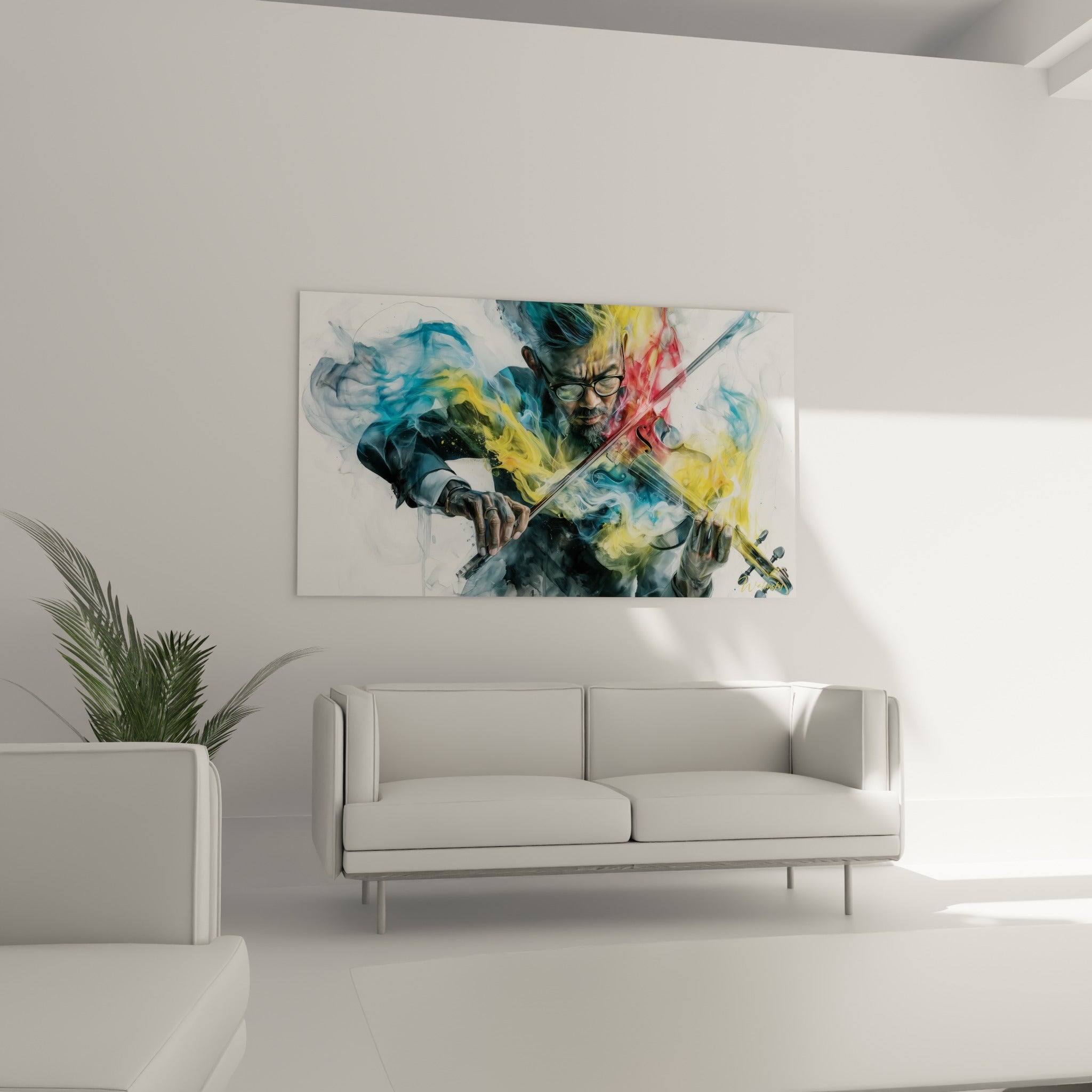Archet traversant la toile dans un nuage bleu et rouge, au-dessus d'un canapé dans un salon lumineux