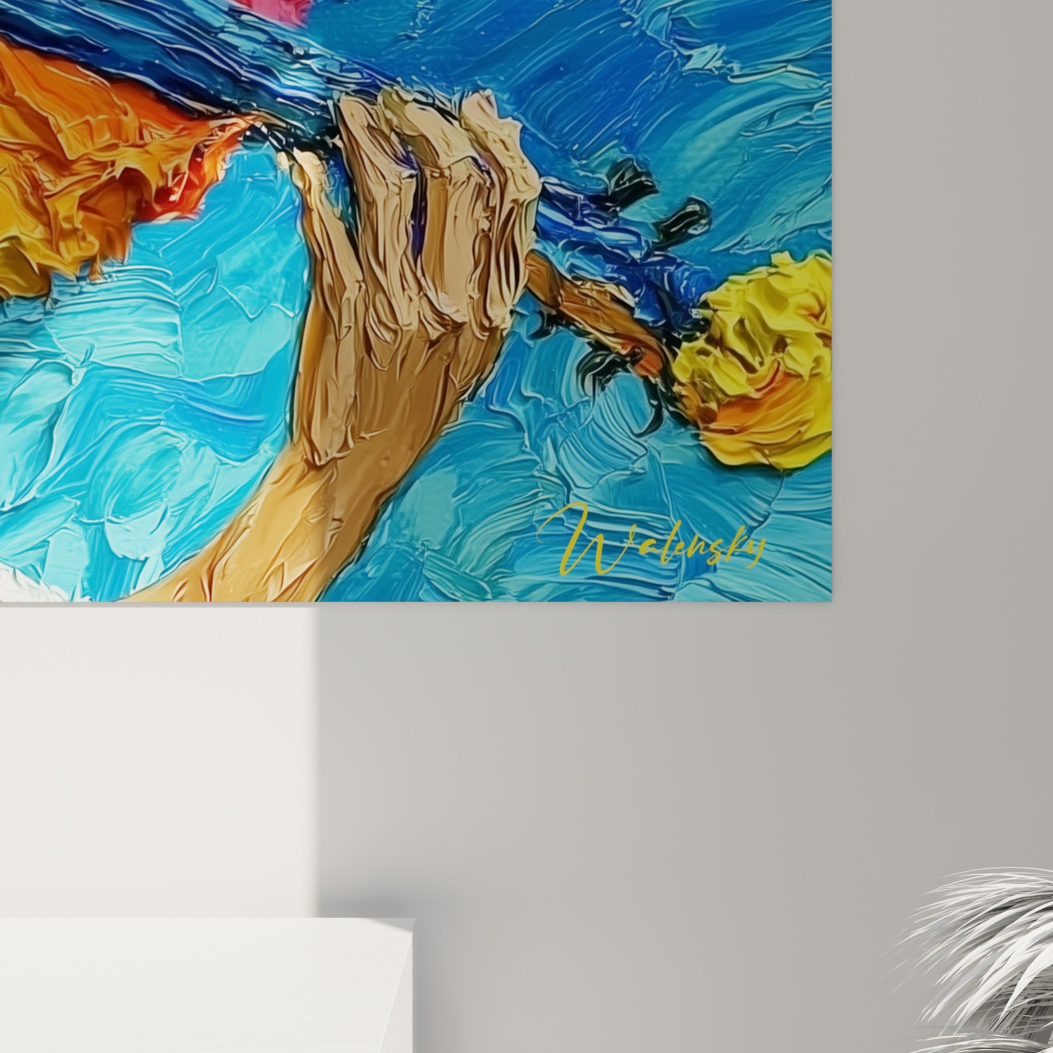 Empâtements bleu turquoise et jaune vif du tableau, coulures de peinture épaisse sur le violon et la chevelure rose