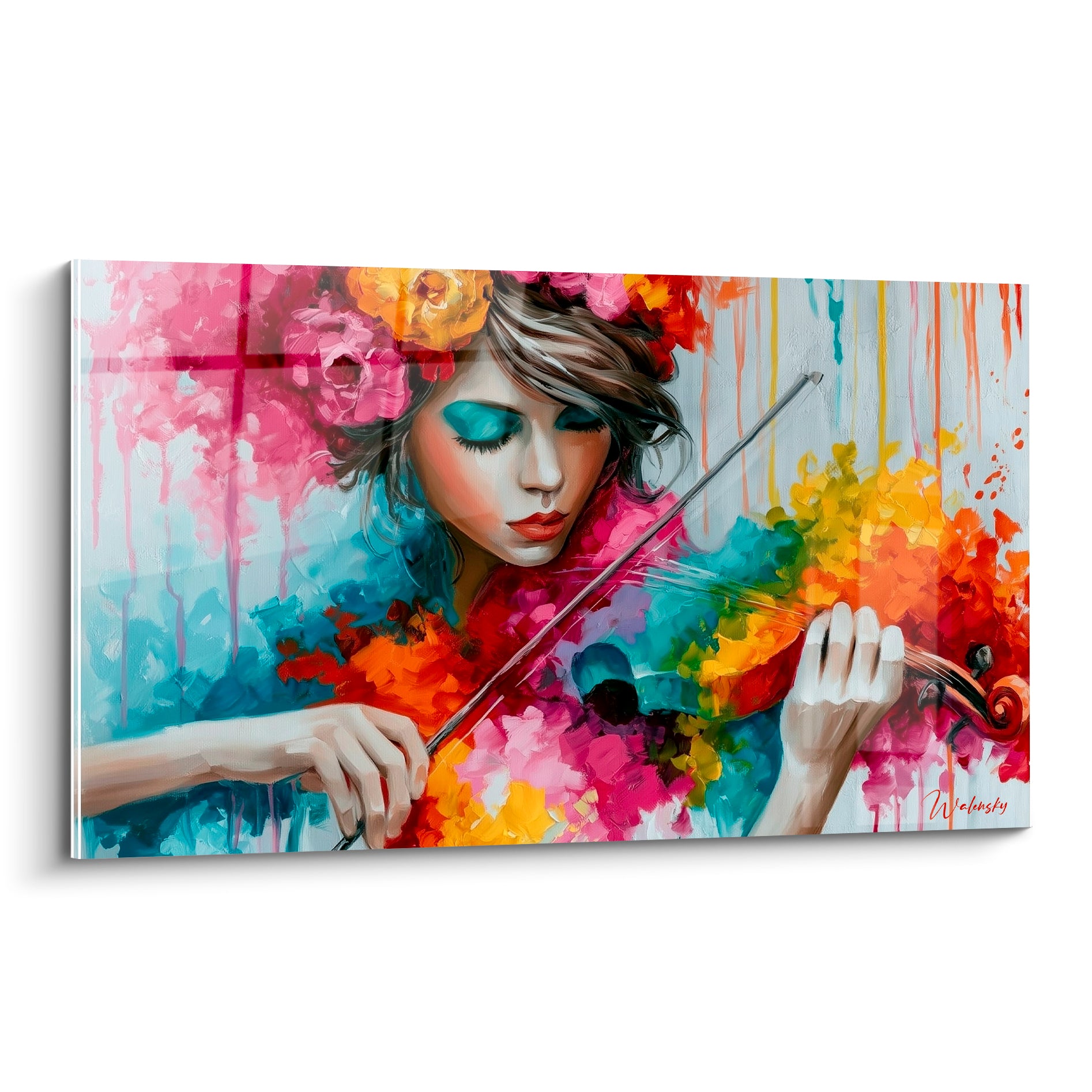 Violoniste aux yeux clos jouant, fleurs roses et jaunes, matière turquoise et orangée éclatée