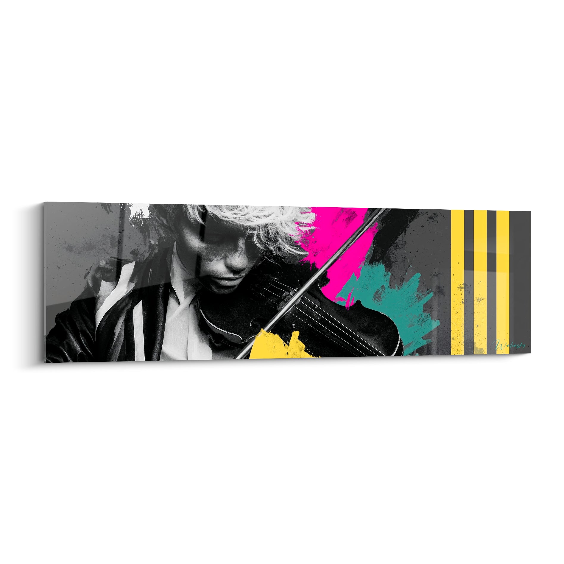 Violoniste en noir et blanc jouant, éclaboussures fuchsia et jaune vif sur fond anthracite