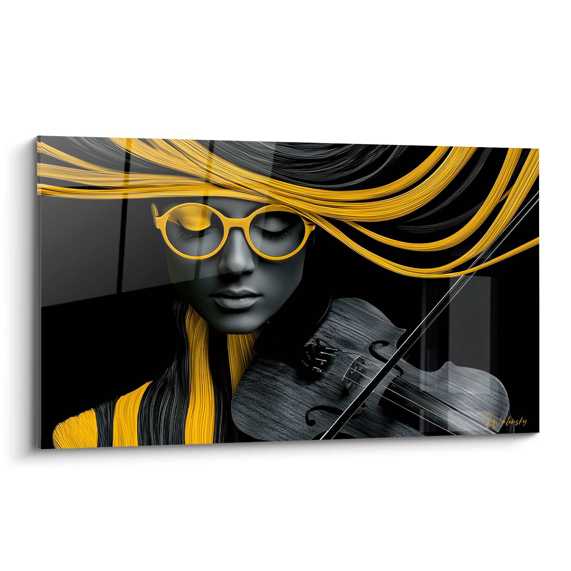 Violoniste anthracite aux mèches jaune vif, yeux clos, jouant du violon sur fond noir