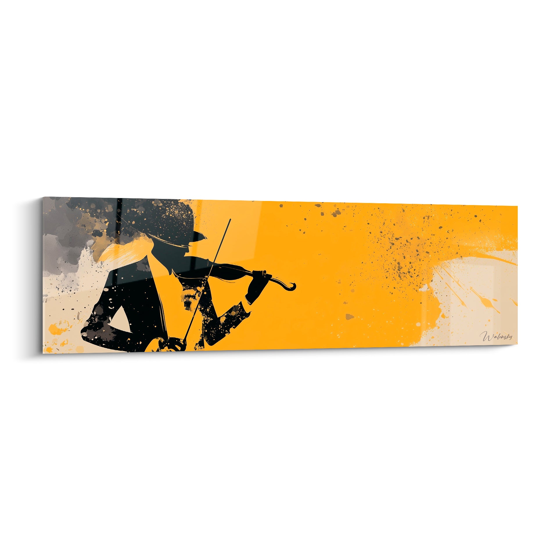 Violoniste silhouette noire jouant sur fond jaune moutarde éclaboussé, style graphique et contrasté
