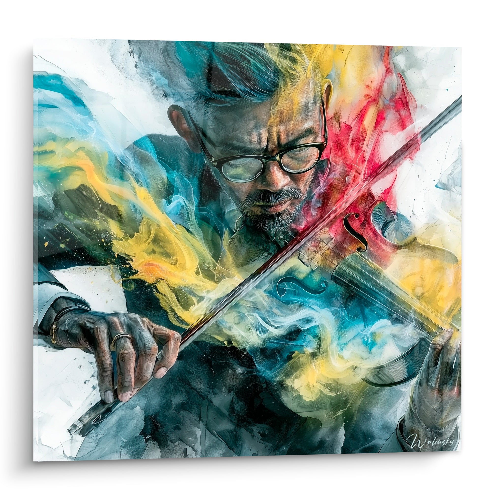 Violoniste concentré entouré de fumées jaune et rouge, lunettes rondes, archet en diagonale sur toile grise