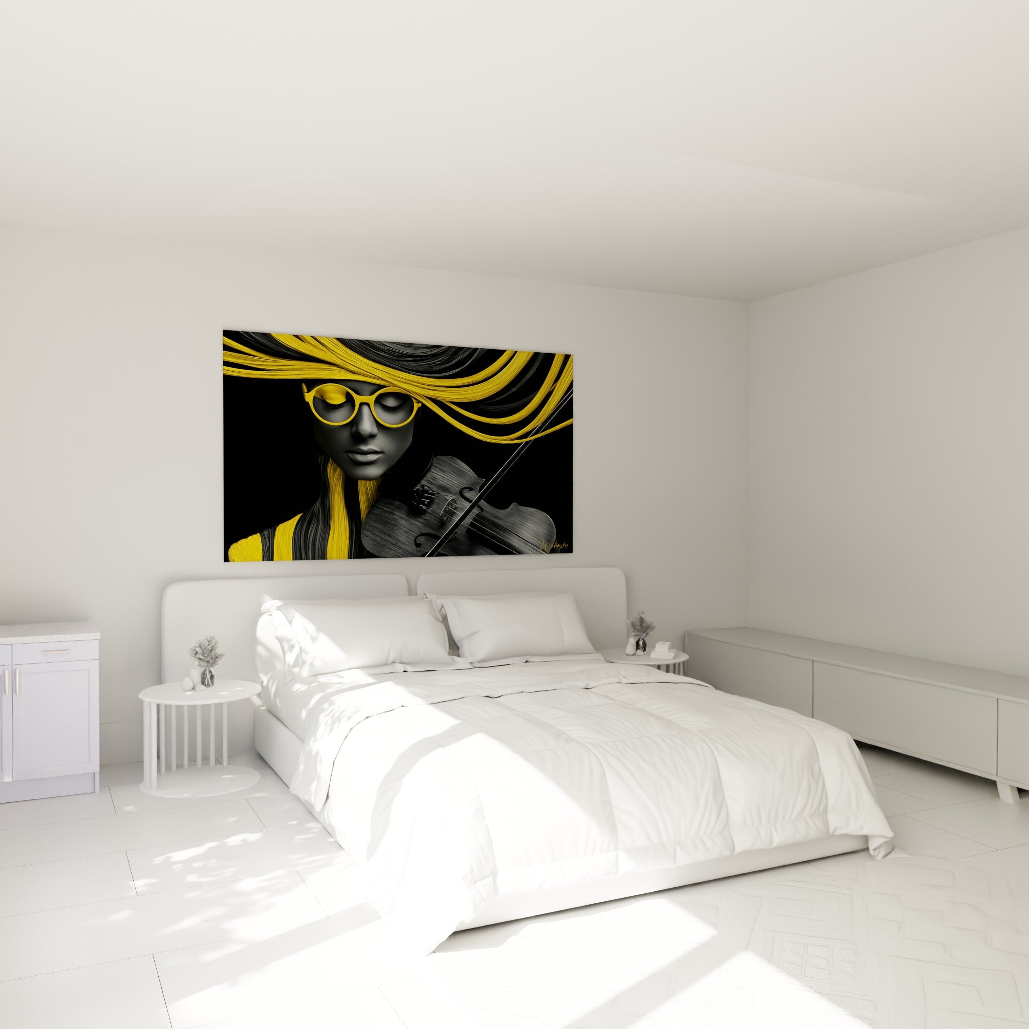 Musique visuelle jaune et anthracite d'une violoniste sereine, au-dessus d'un lit dans une chambre claire