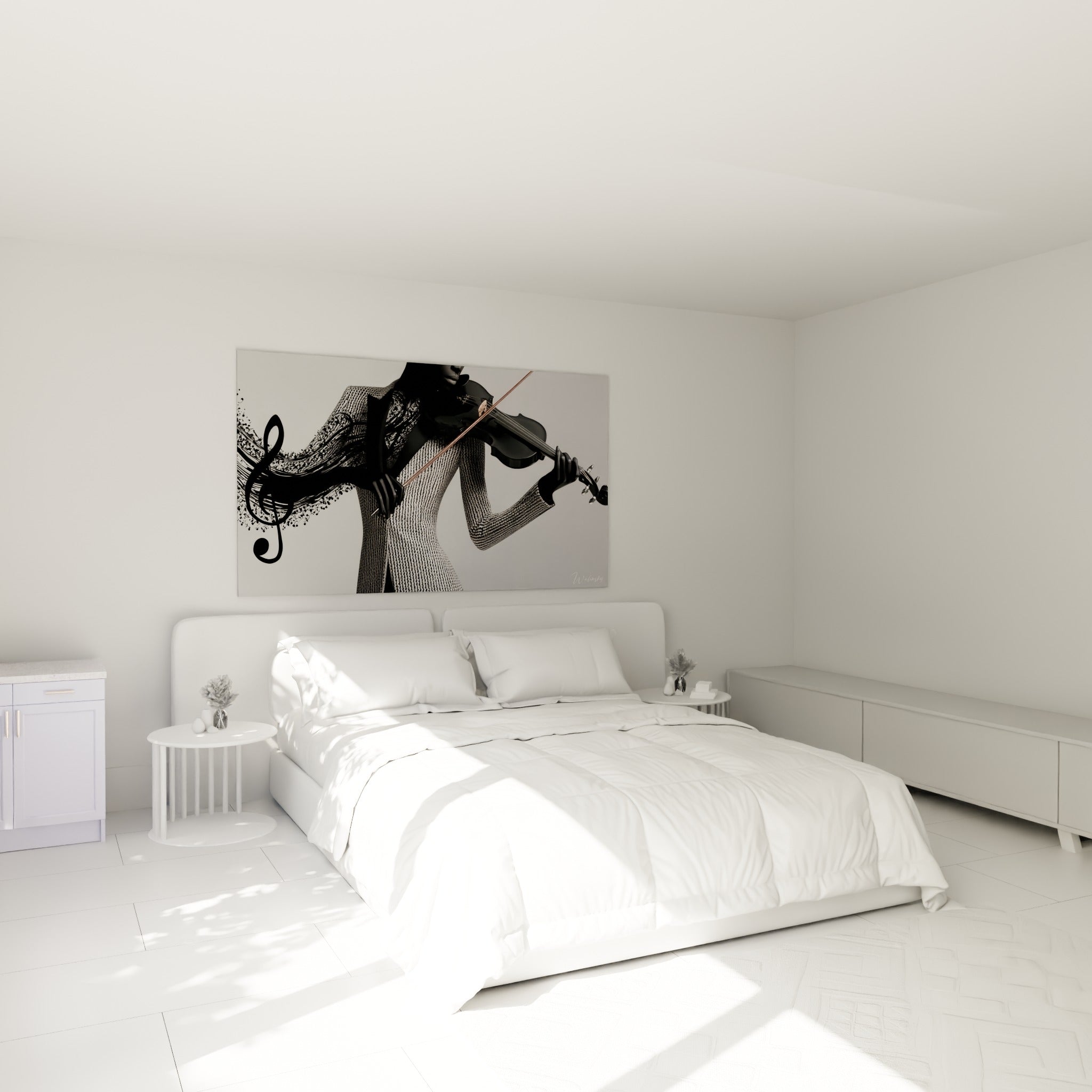 Musicienne argentée et clé de sol noire en mouvement, tableau au-dessus d'un lit dans une chambre claire