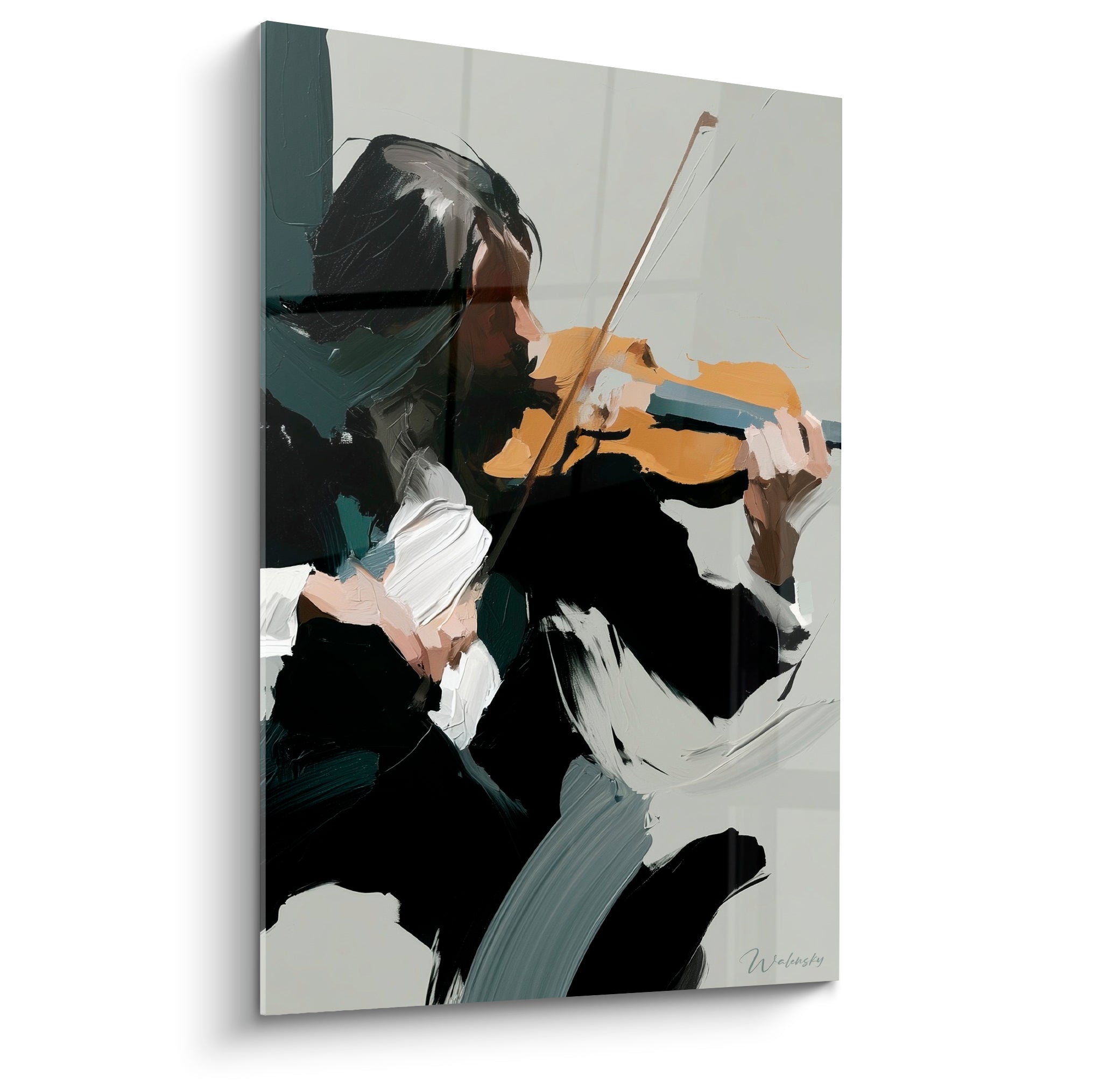 Violoniste peint en noir profond et ocre ambré, archet tendu sur l'instrument, geste vif capturé