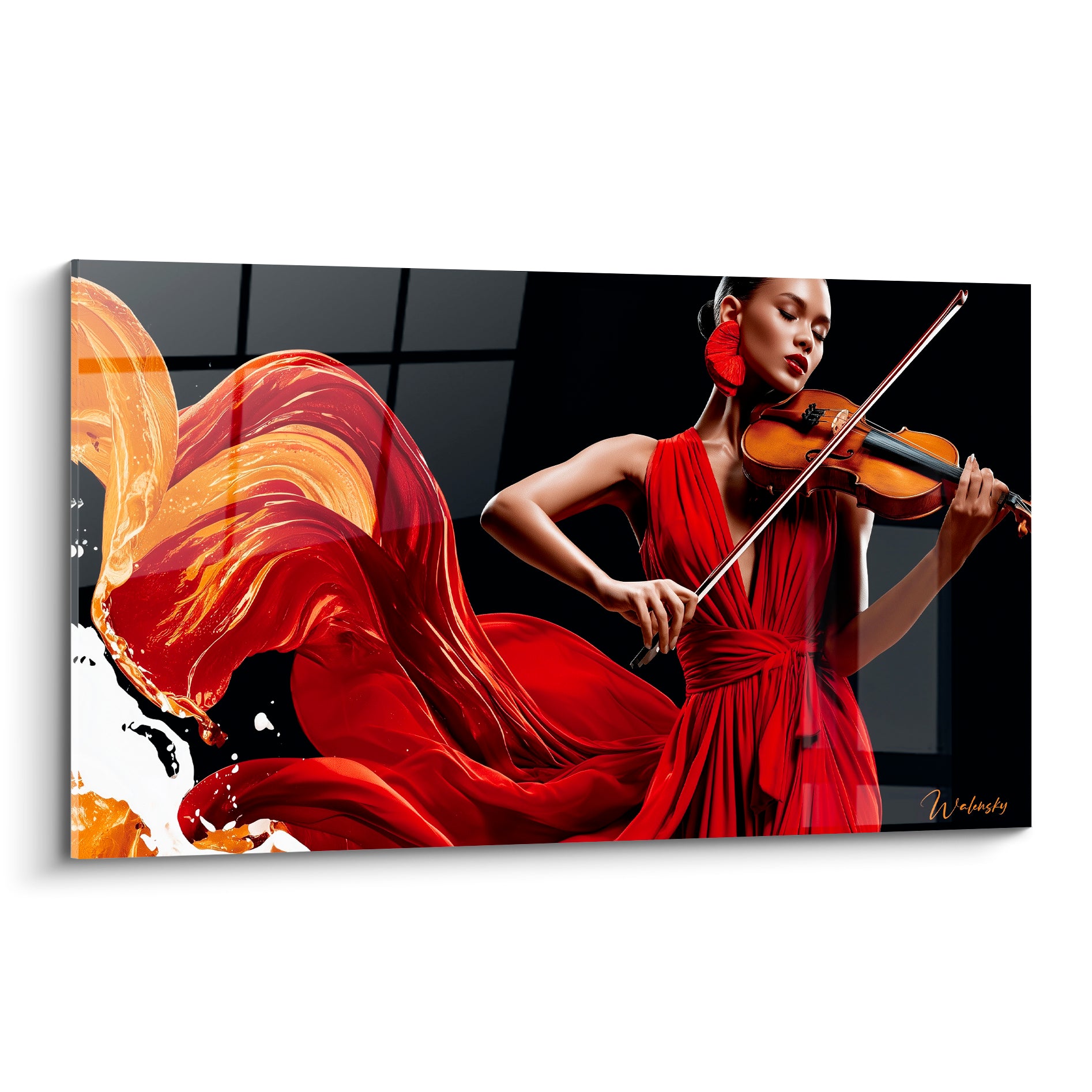 Violoniste en robe rouge fluide, tissu doré et fond anthracite, geste musical saisi avec intensité