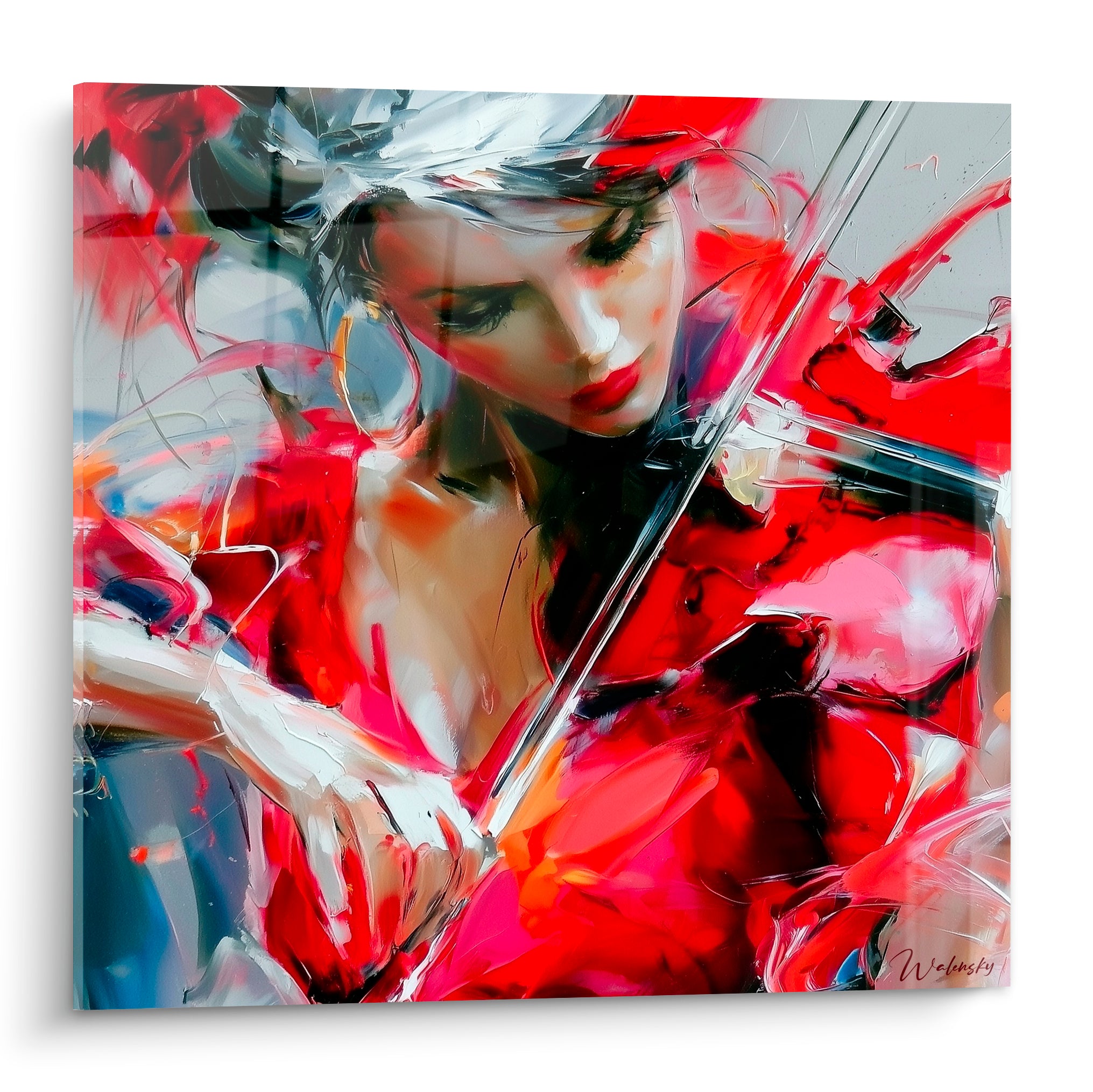 Violoniste en rouge et blanc, geste vif de l'archet, peinture expressive aux touches larges