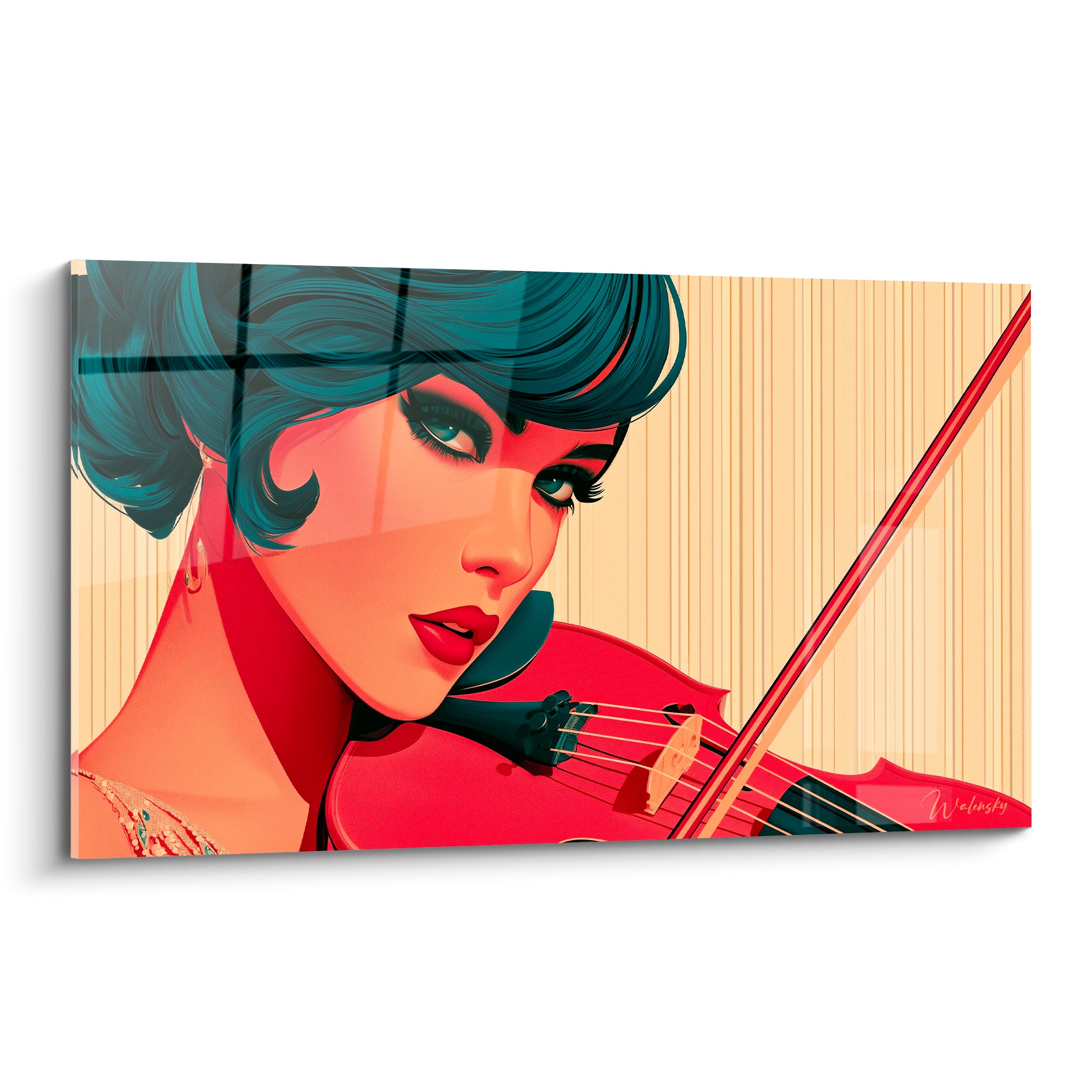 Violoniste au regard mi-clos, cheveux bleu pétrole et violon rouge intense, style graphique affirmé