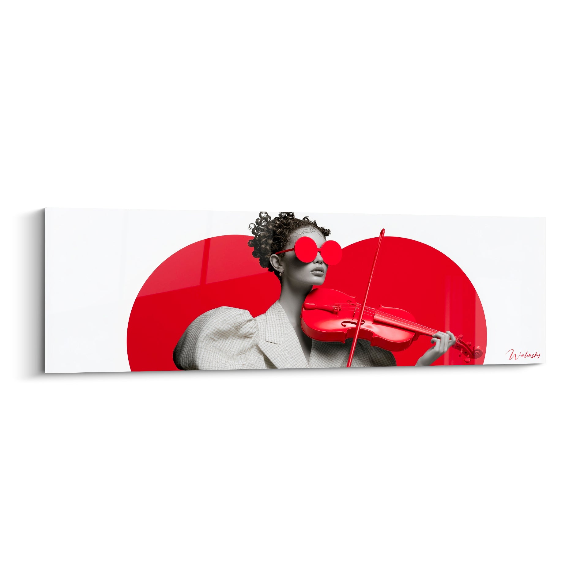 Violoniste aux lunettes rouges et veste à carreaux, noir et blanc, cercle écarlate en fond