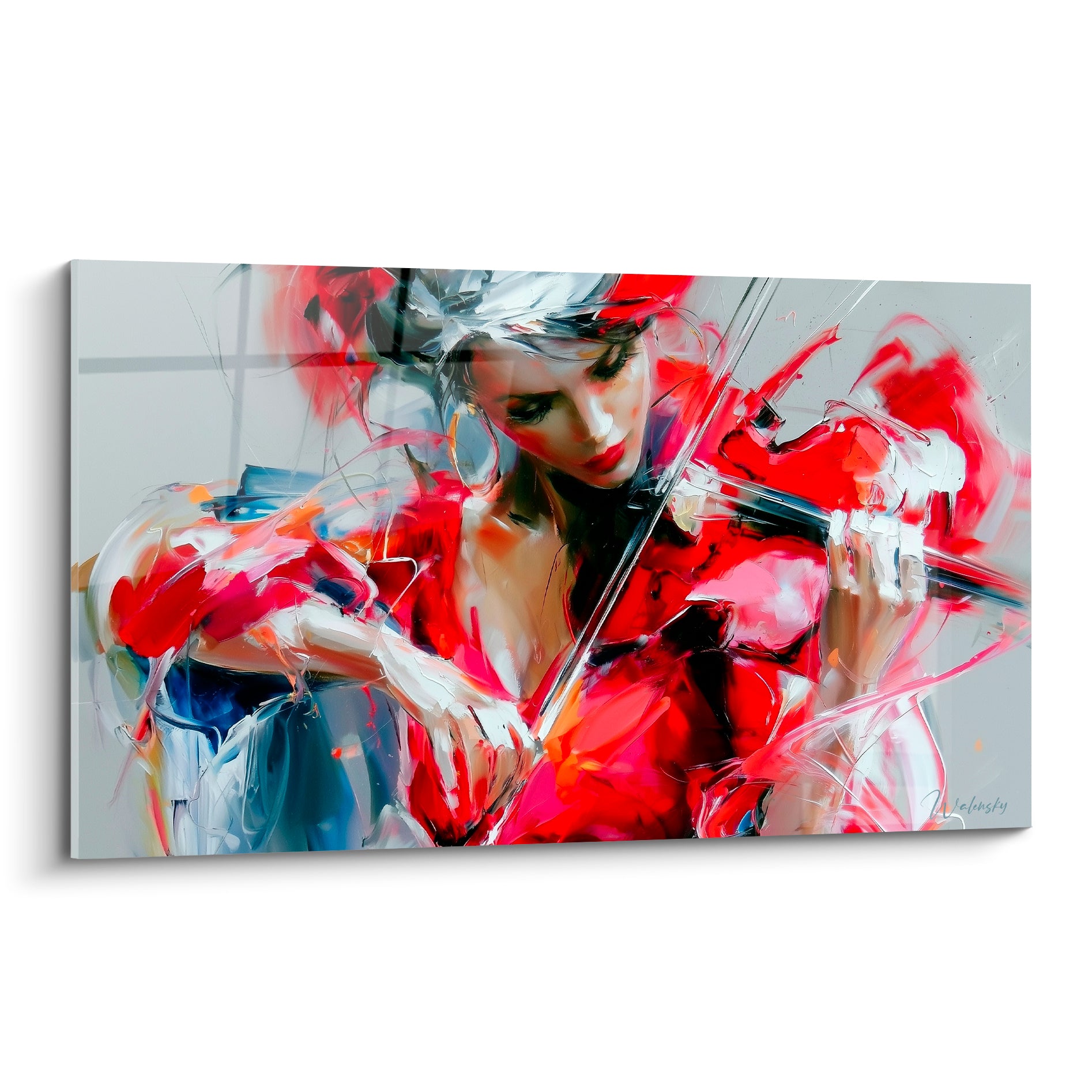 Violoniste en robe rouge vif jouant, touches blanches et fond gris perle, geste peint avec intensité