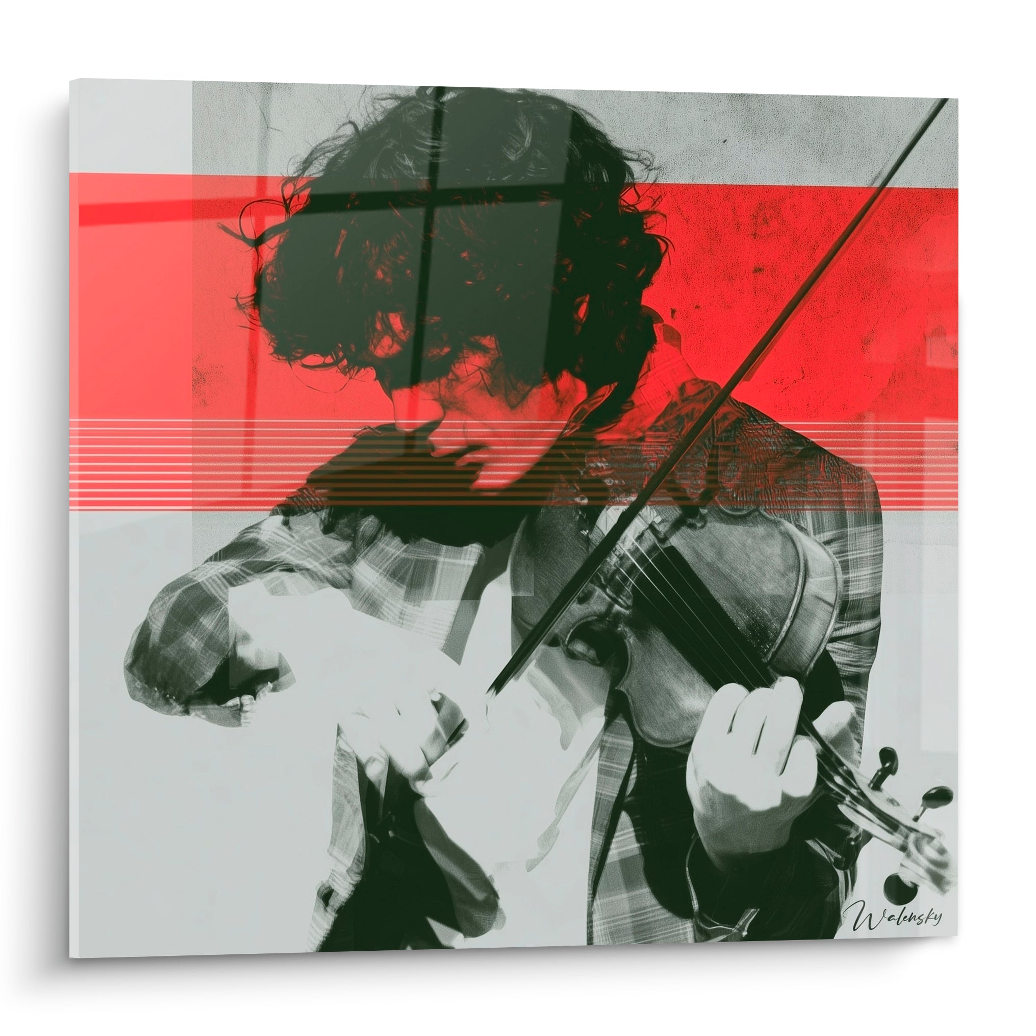 Violoniste en noir et blanc et bande rouge vif traversant le tableau Musique, geste précis de l'archet