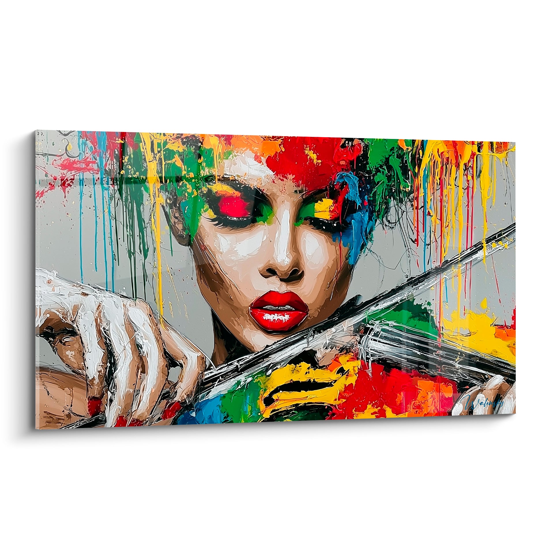 Violoniste au visage éclaboussé de rouge, jaune et vert, archet traversant la toile en diagonale