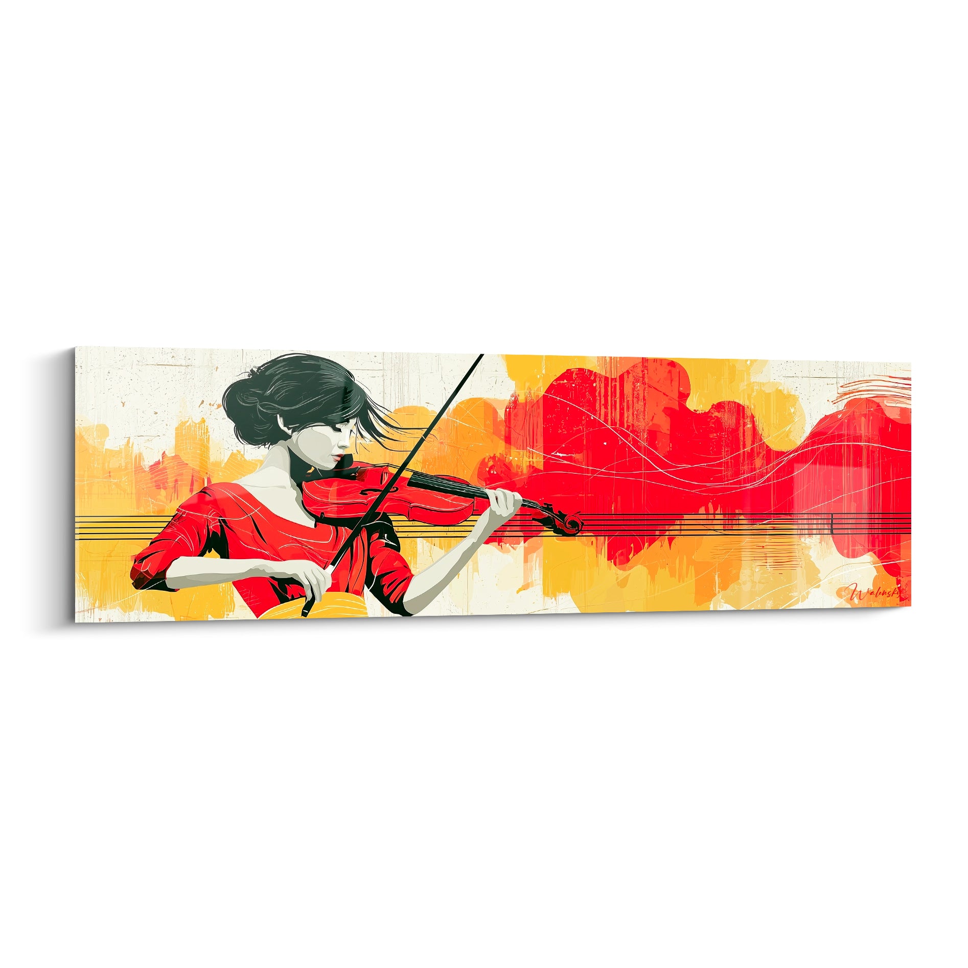 Violoniste en robe rouge jouant sur fond jaune et écarlate, style graphique contrasté et lumineux